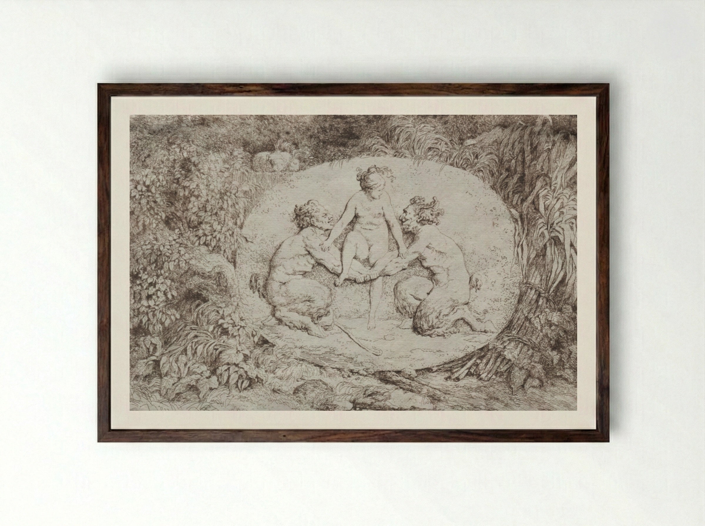 Bacchanales: Nymph Supported by Two Satyrs - Jean-Honoré Fragonard - Framed Print Dark Wood