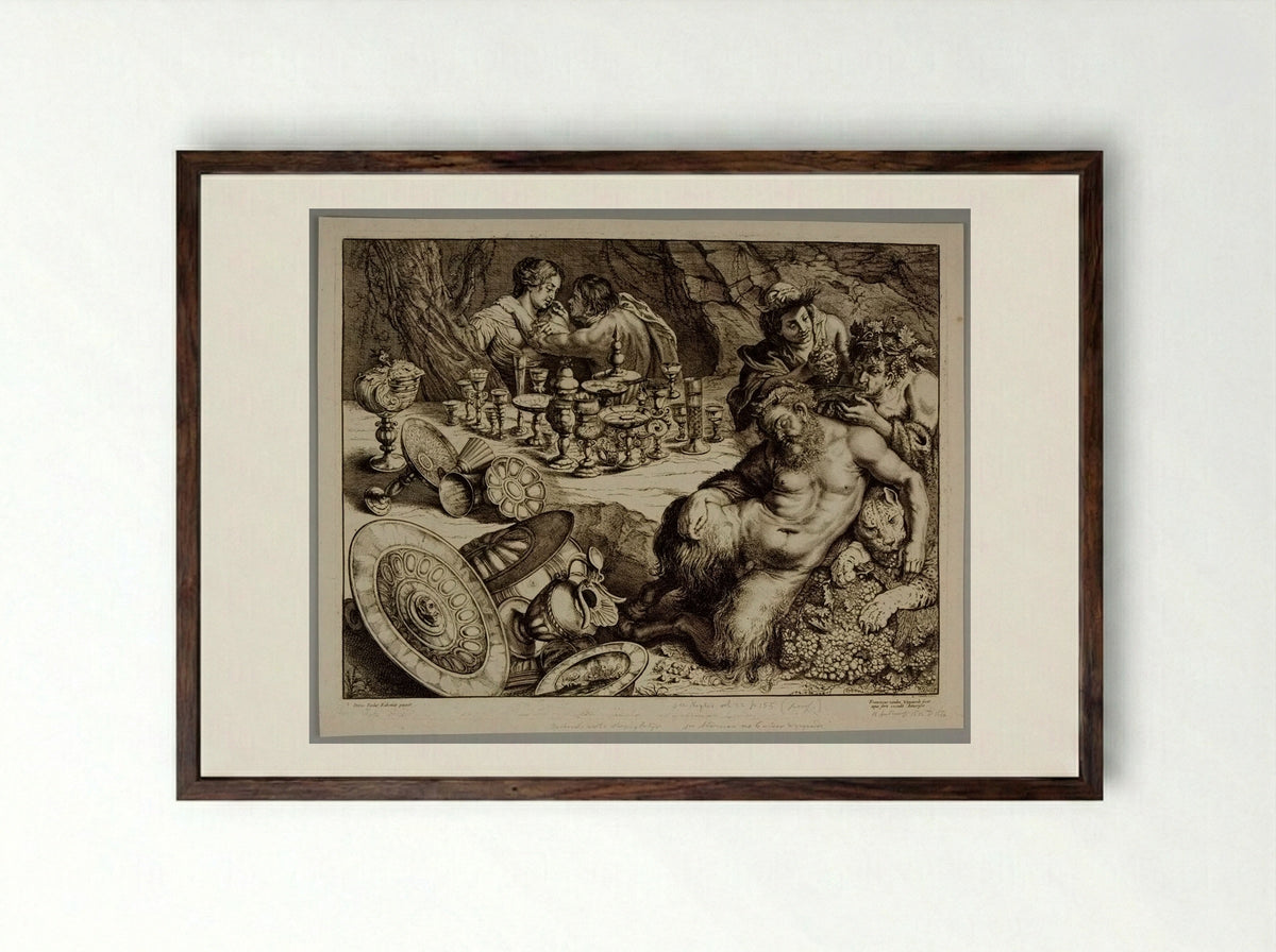 Bacchus and Drunken Silenus - Frans van den Wyngaerde - Framed Print Dark Wood