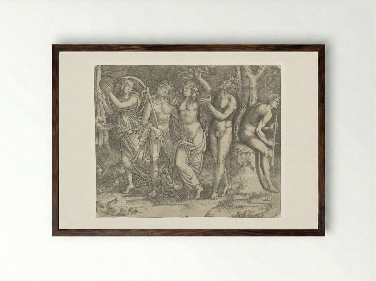 Bacchus with Bacchanals and a Maenad with a Tambourine - Giacomo Francia - Framed Print Dark Wood