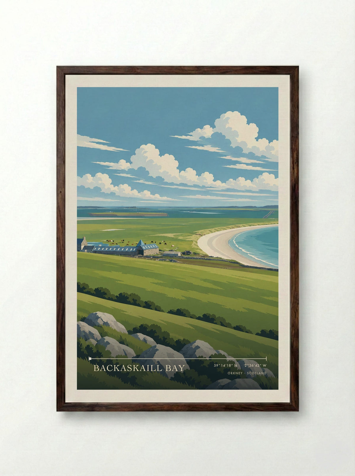 Backaskaill Bay, Orkney | Travel Poster - Framed Print Dark Wood