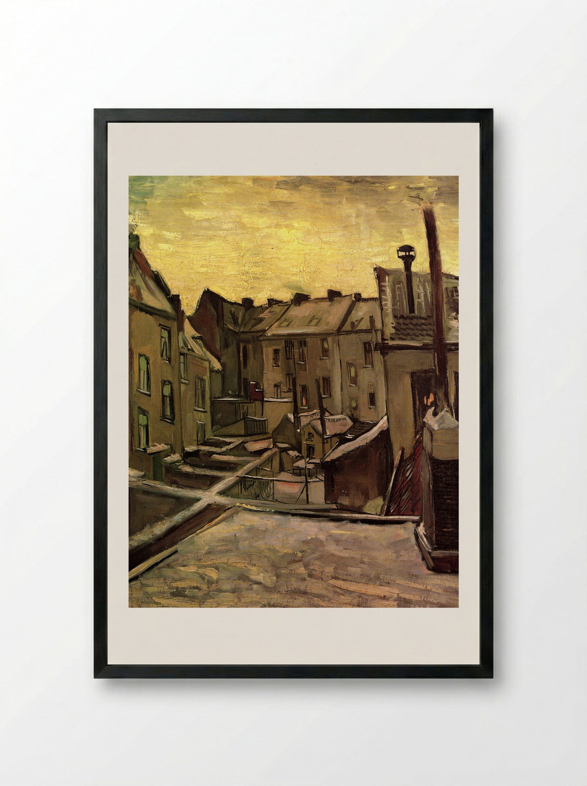 Backyards of Old Houses in Antwerp in the Snow - Vincent van Gogh - Framed Print Black