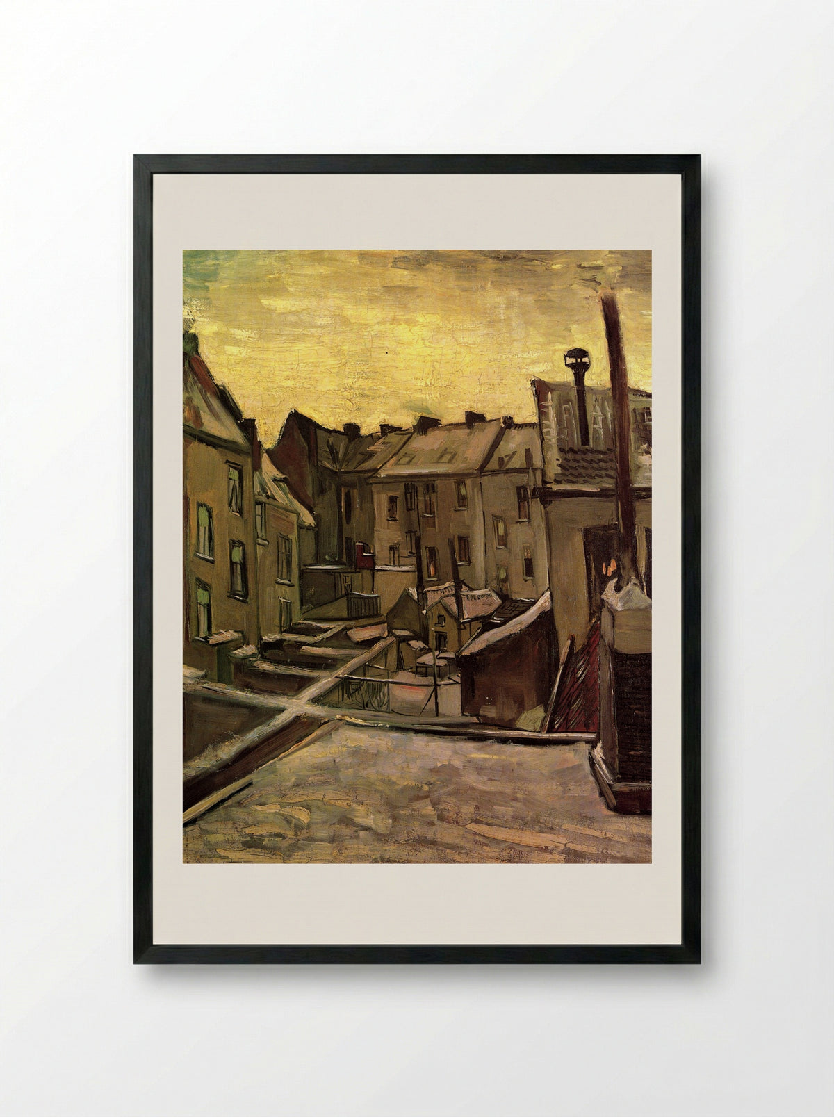 Backyards of Old Houses in Antwerp in the Snow - Vincent van Gogh - Framed Print Black