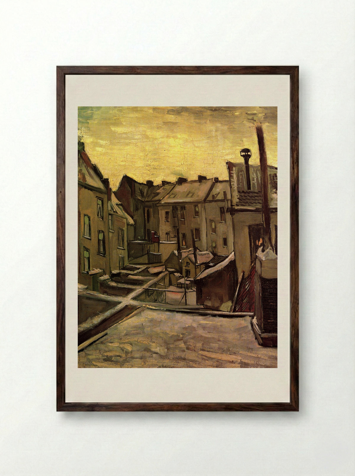 Backyards of Old Houses in Antwerp in the Snow - Vincent van Gogh - Framed Print Dark Wood