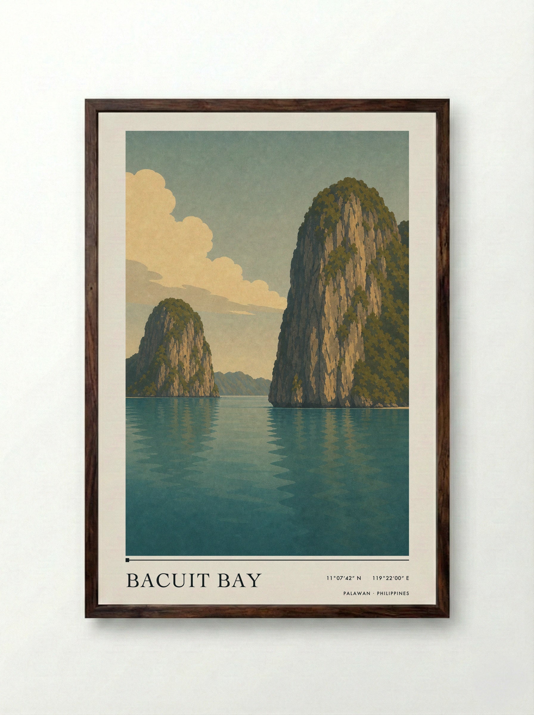 Bacuit Bay Travel Poster Artwork - Framed Print Dark Wood