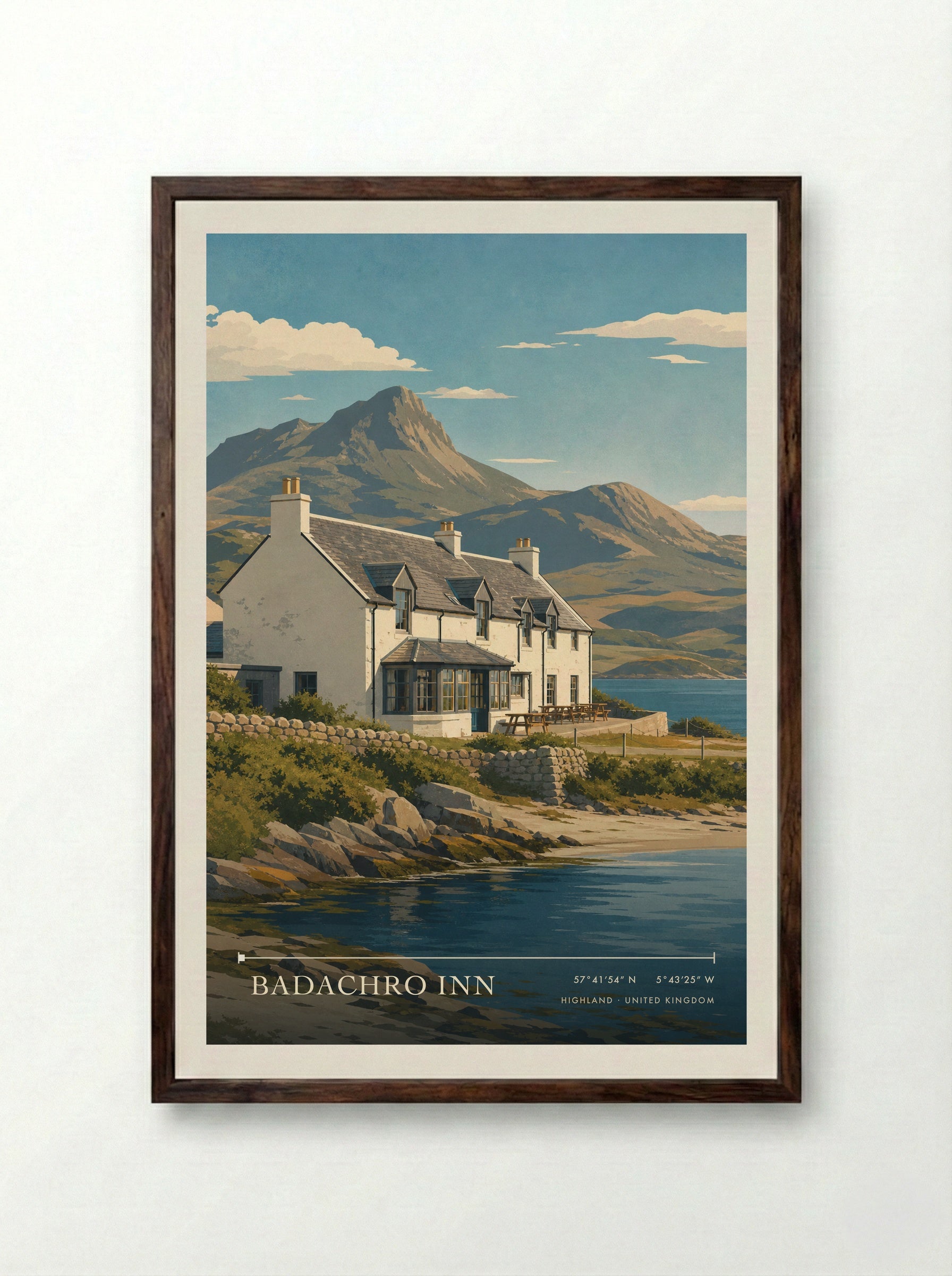 Badachro Inn Highland United Kingdom Travel Poster - Framed Print Dark Wood
