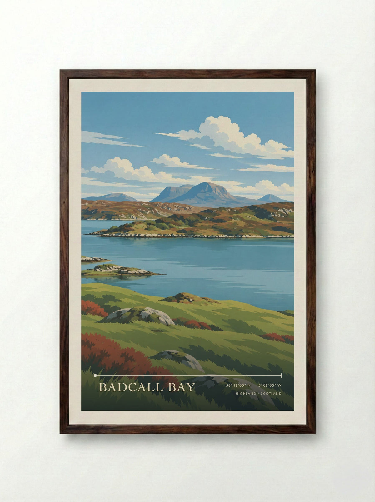 Badcall Bay, Highland | Travel Poster - Framed Print Dark Wood