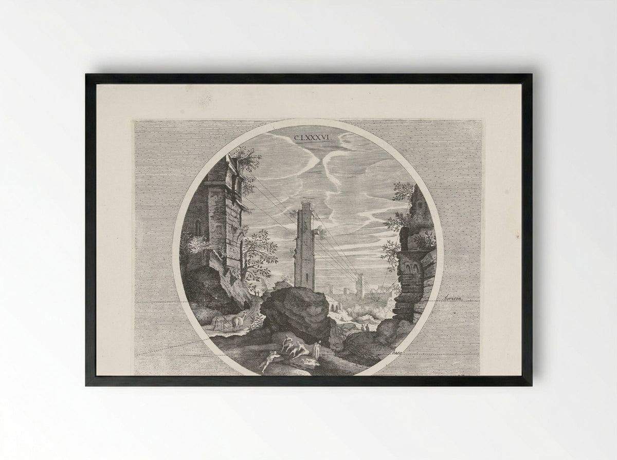 Baden van Diocletianus, met toren - Hendrick Hondius (I) - Framed Print Black