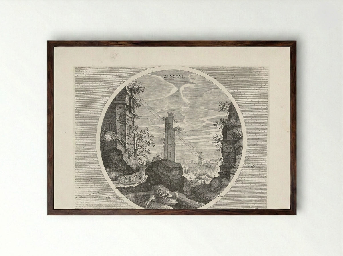 Baden van Diocletianus, met toren - Hendrick Hondius (I) - Framed Print Dark Wood