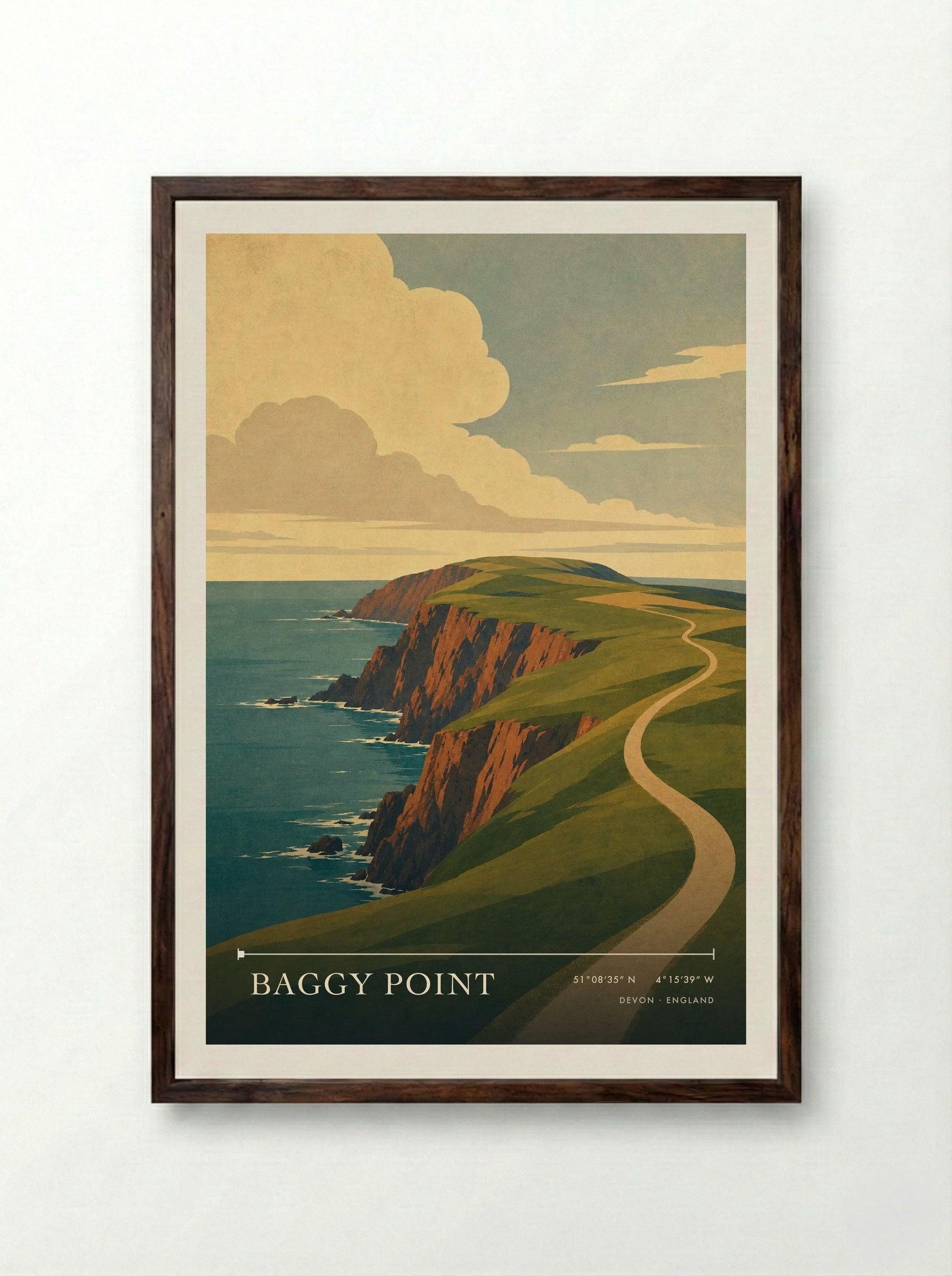 Baggy Point Devon England Travel Poster - Framed Print Dark Wood