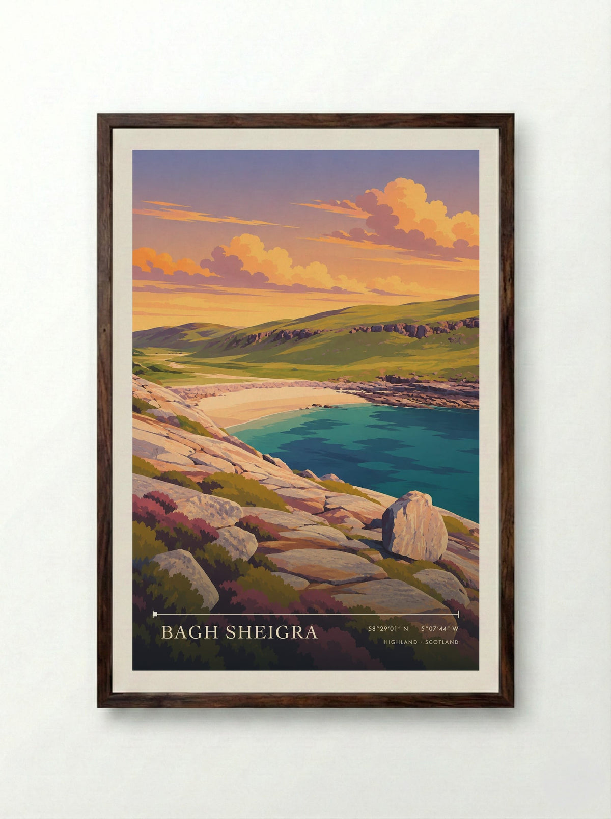 Bagh Sheigra, Highland | Travel Poster - Framed Print Dark Wood
