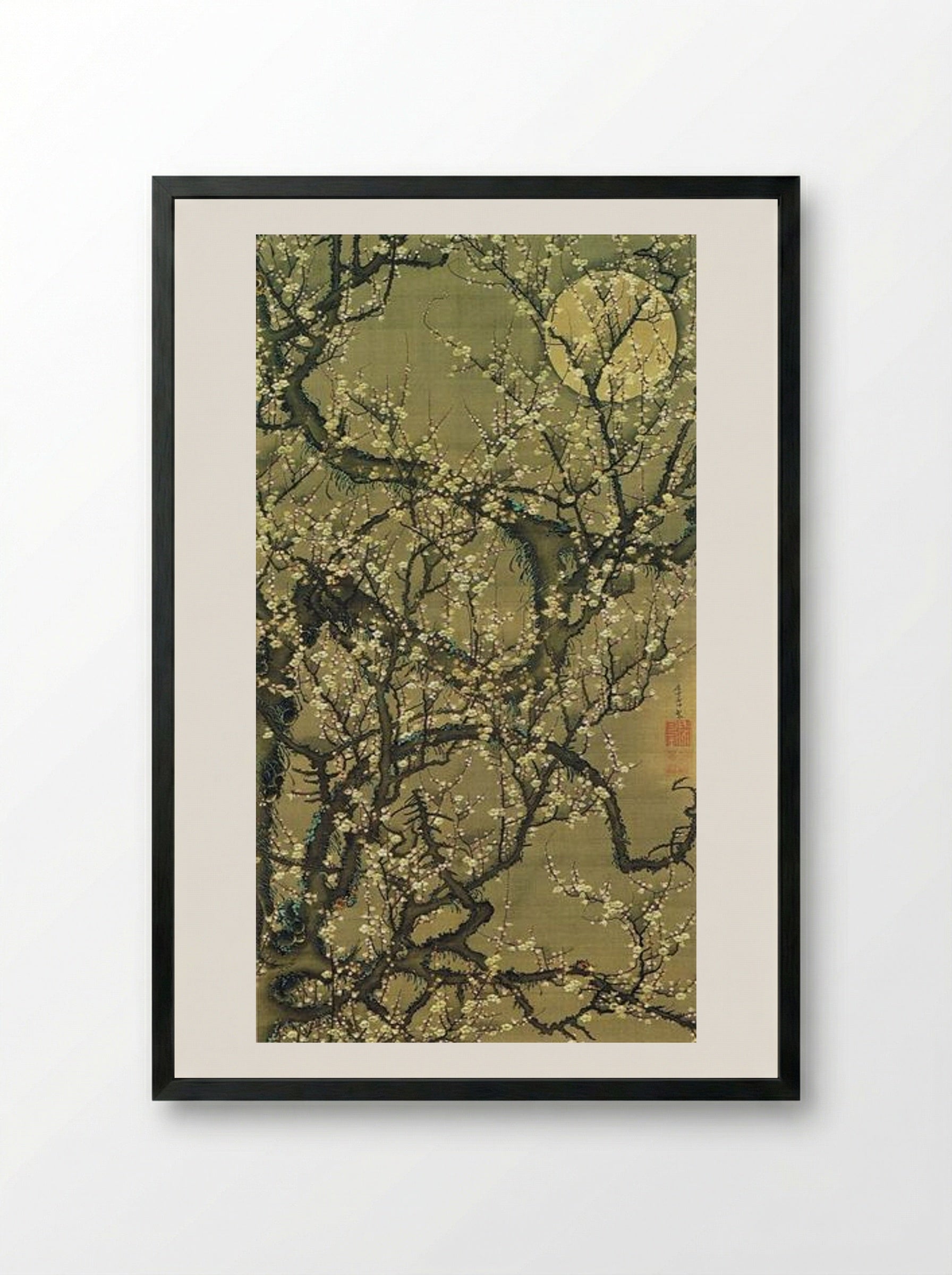 Baika kougetuzu (Plum Blossoms by Moonlight) - Ito Jakuchu - Framed Print Black