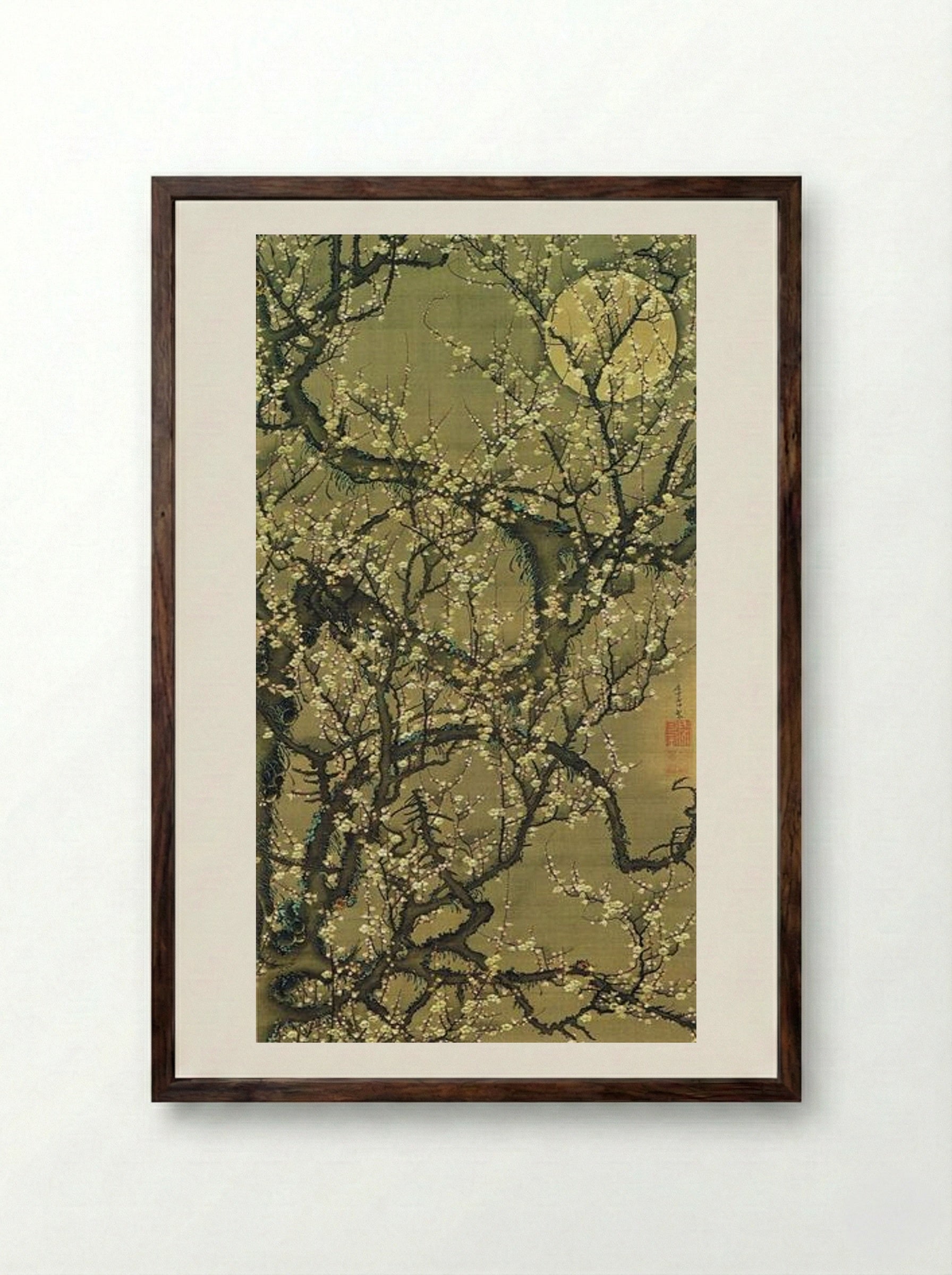 Baika kougetuzu (Plum Blossoms by Moonlight) - Ito Jakuchu - Framed Print Dark Wood