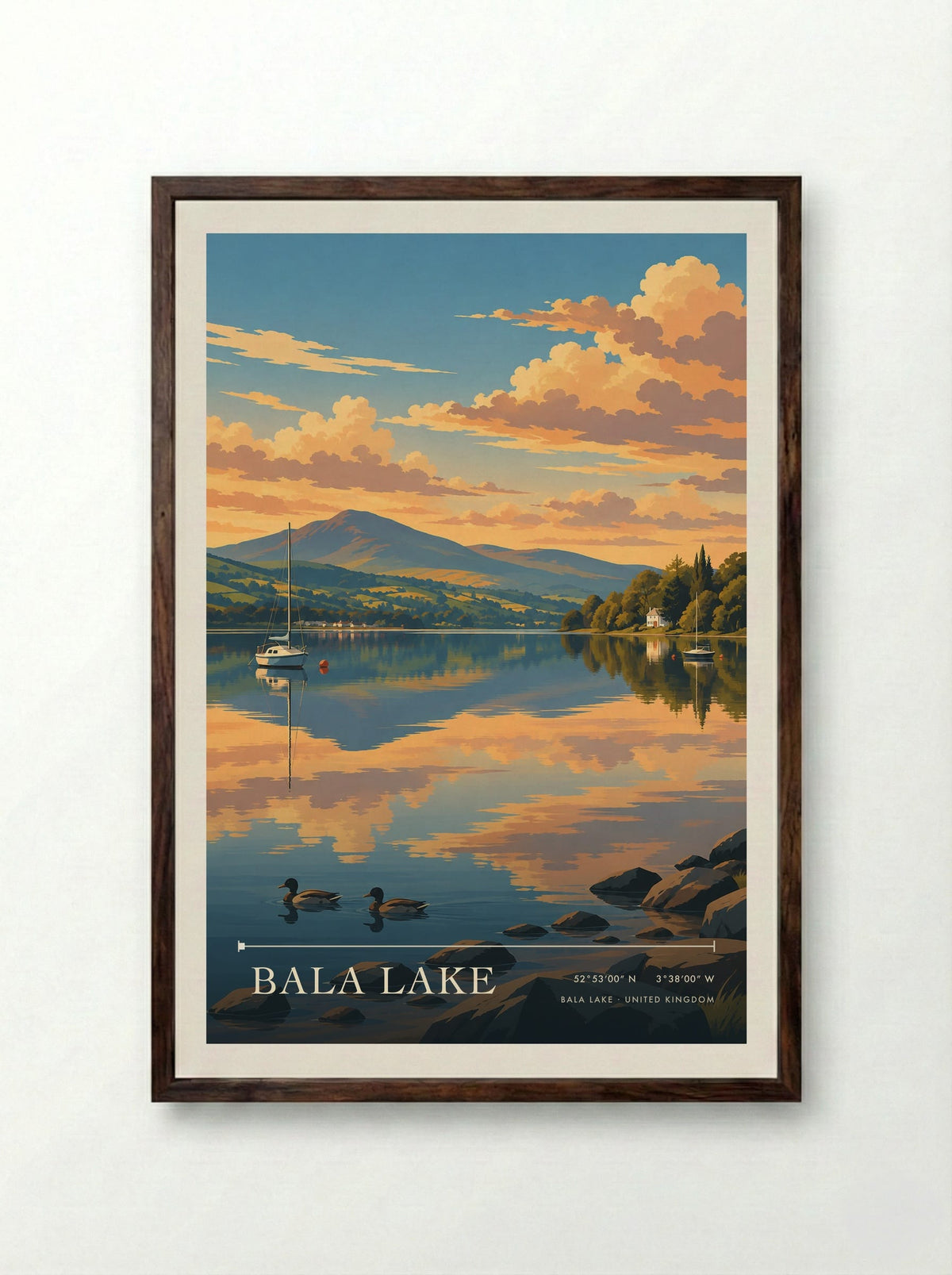 Bala Lake | Travel Poster - Framed Print Dark Wood