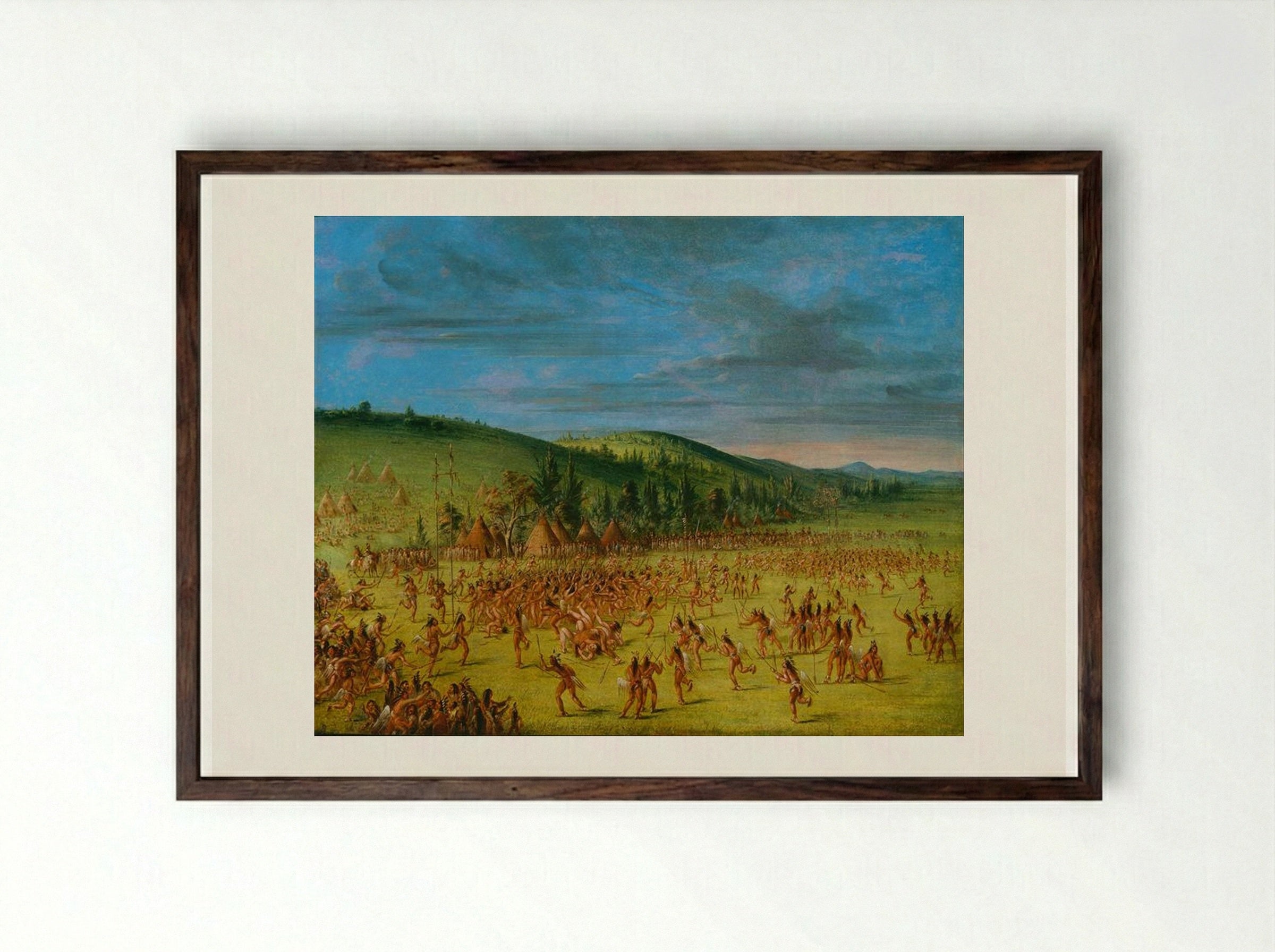 Ball-play of the Choctaw--Ball Up - George Catlin - Framed Print Dark Wood