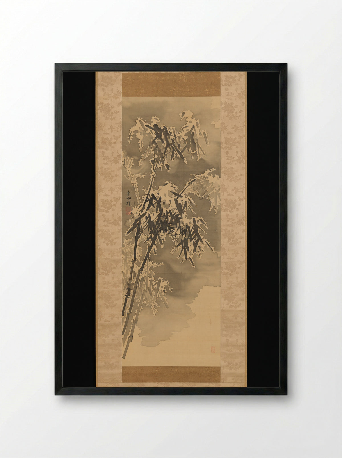 Bamboo and Rock in Snow - Kuwayama Gyokushū - Framed Print Black