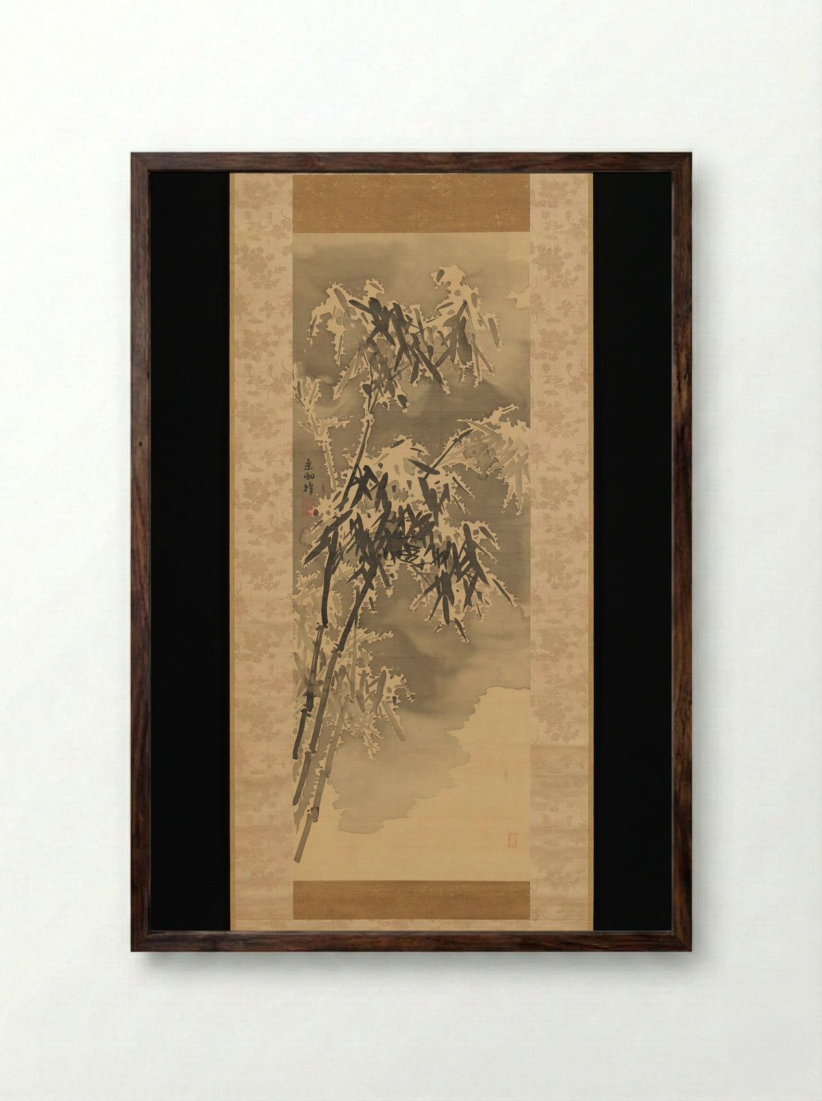 Bamboo and Rock in Snow - Kuwayama Gyokushū - Framed Print Dark Wood