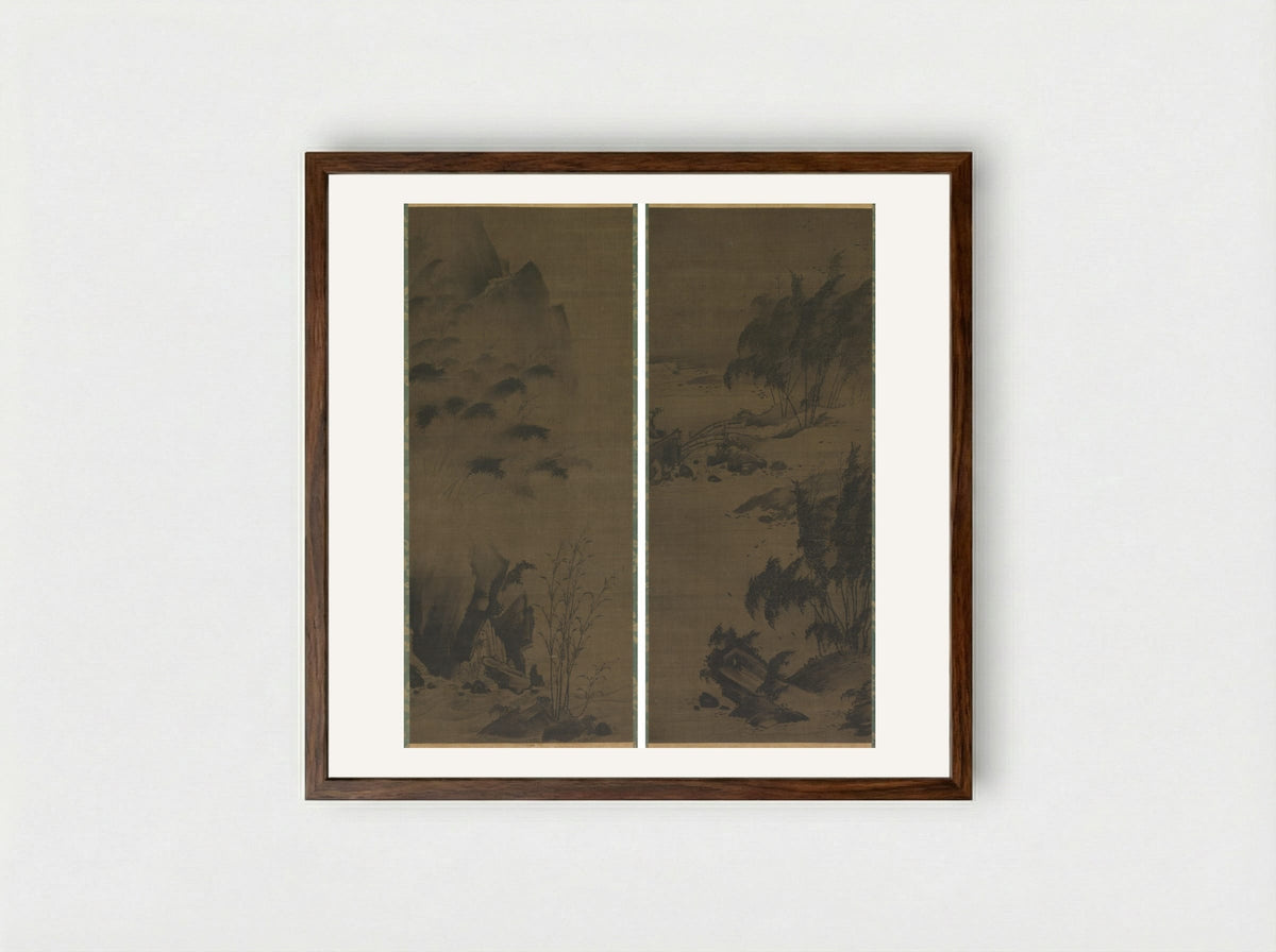 Bamboo in Rain; Bamboo in Wind - Genga - Framed Print Dark Wood