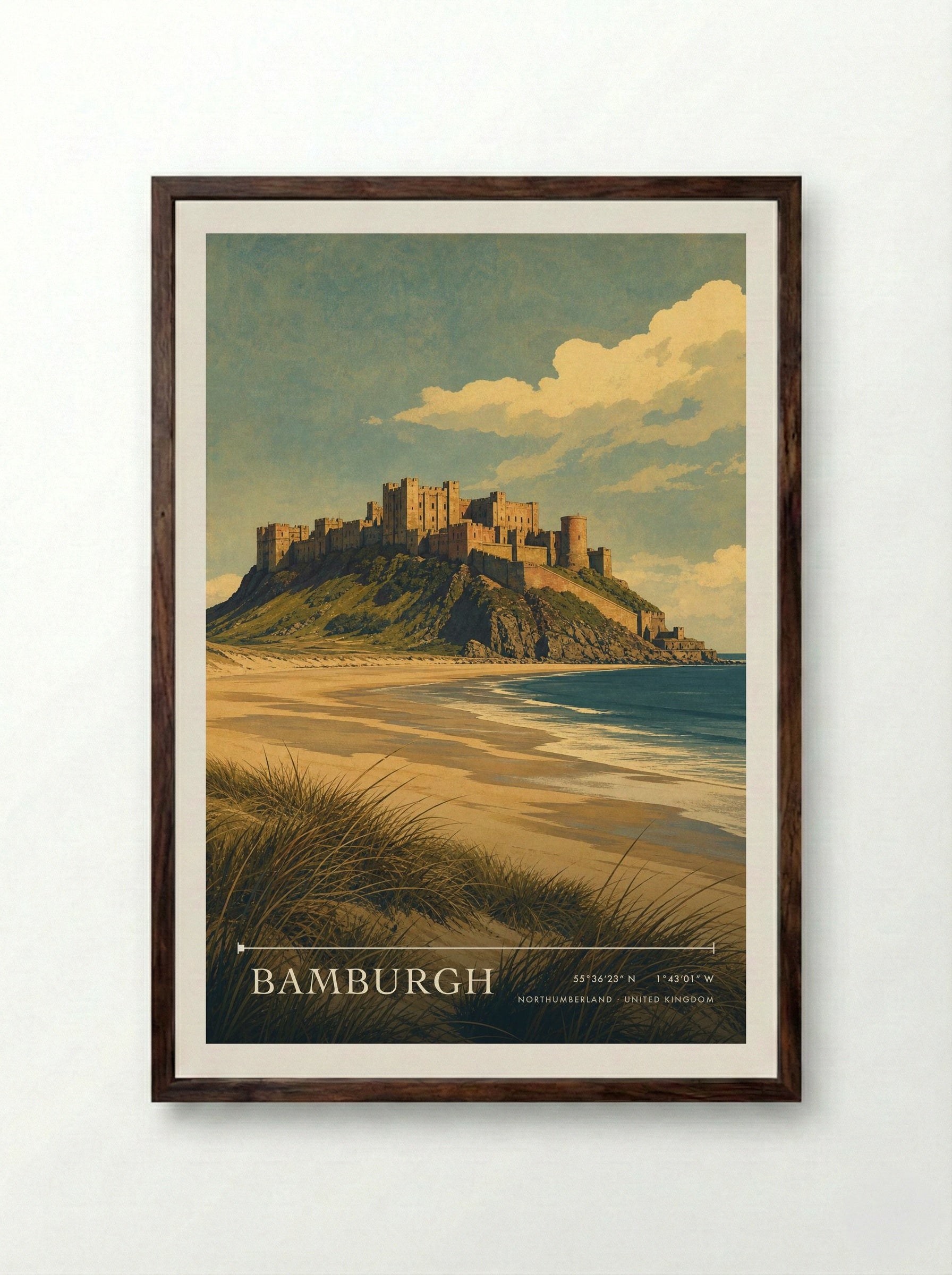 Bamburgh Northumberland United Kingdom Travel Poster - Framed Print Dark Wood
