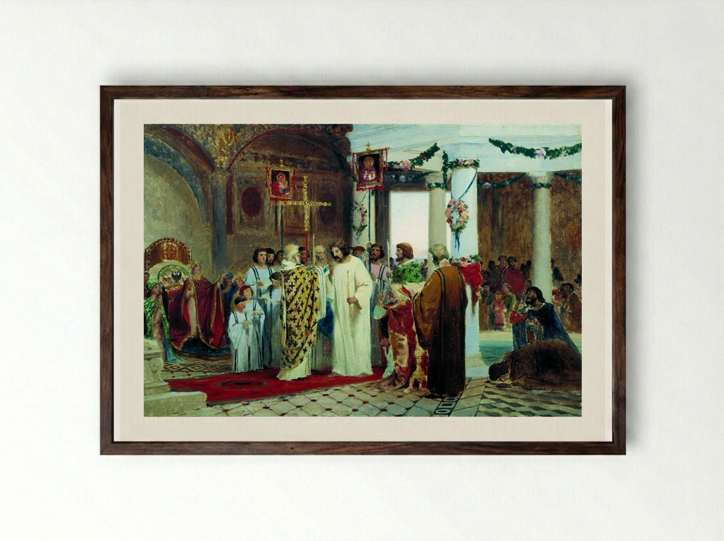 Baptism of Prince Vladimir - Fyodor Bronnikov - Framed Print Dark Wood