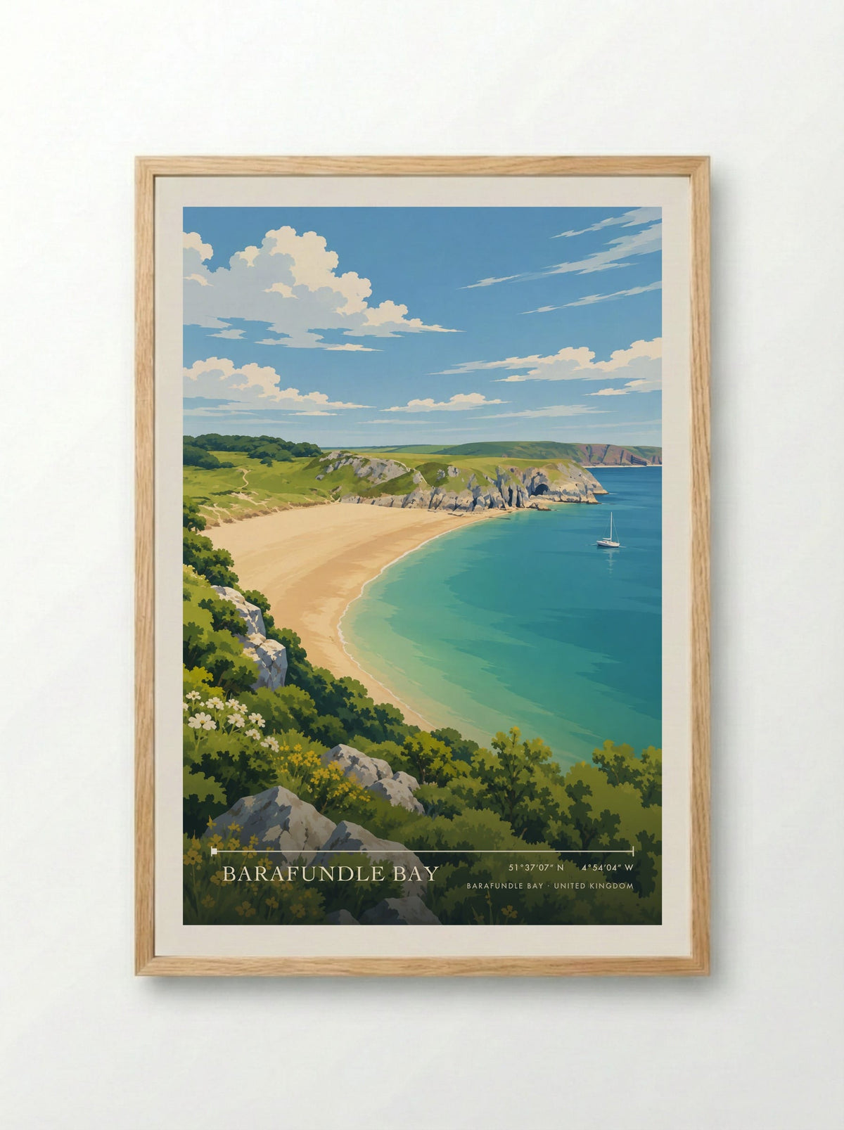 Barafundle Bay | Travel Poster - Framed Print Wood