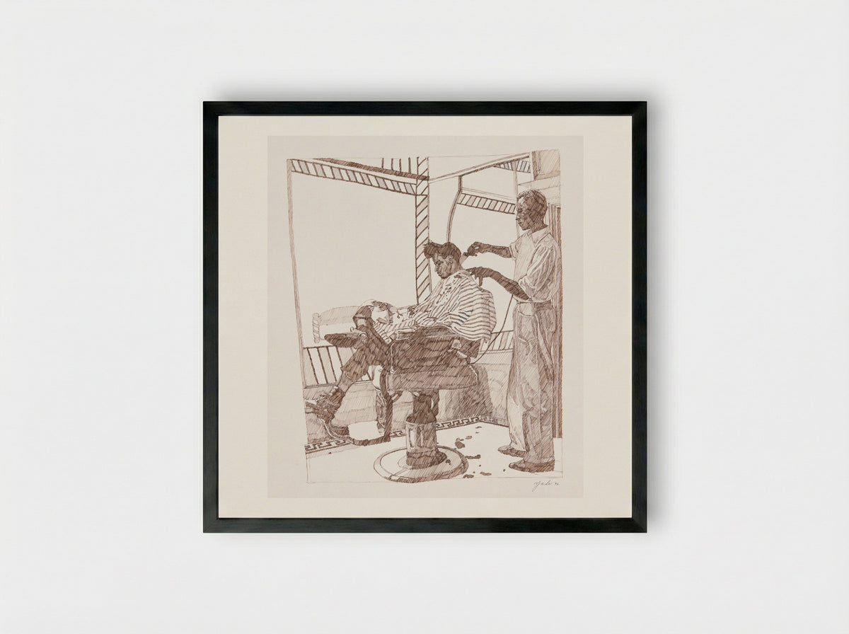 Barber & Customer - Richard Foster Yarde - Framed Print Black
