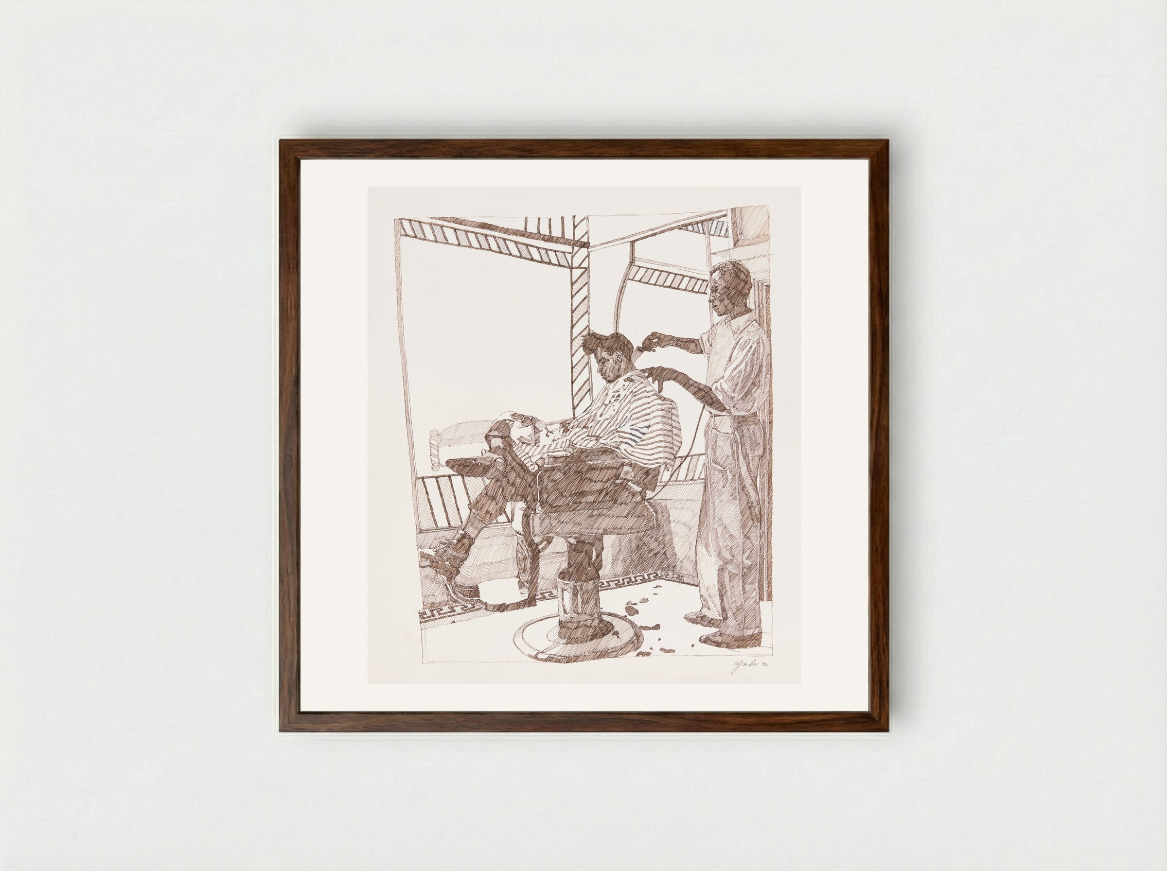 Barber & Customer - Richard Foster Yarde - Framed Print Dark Wood