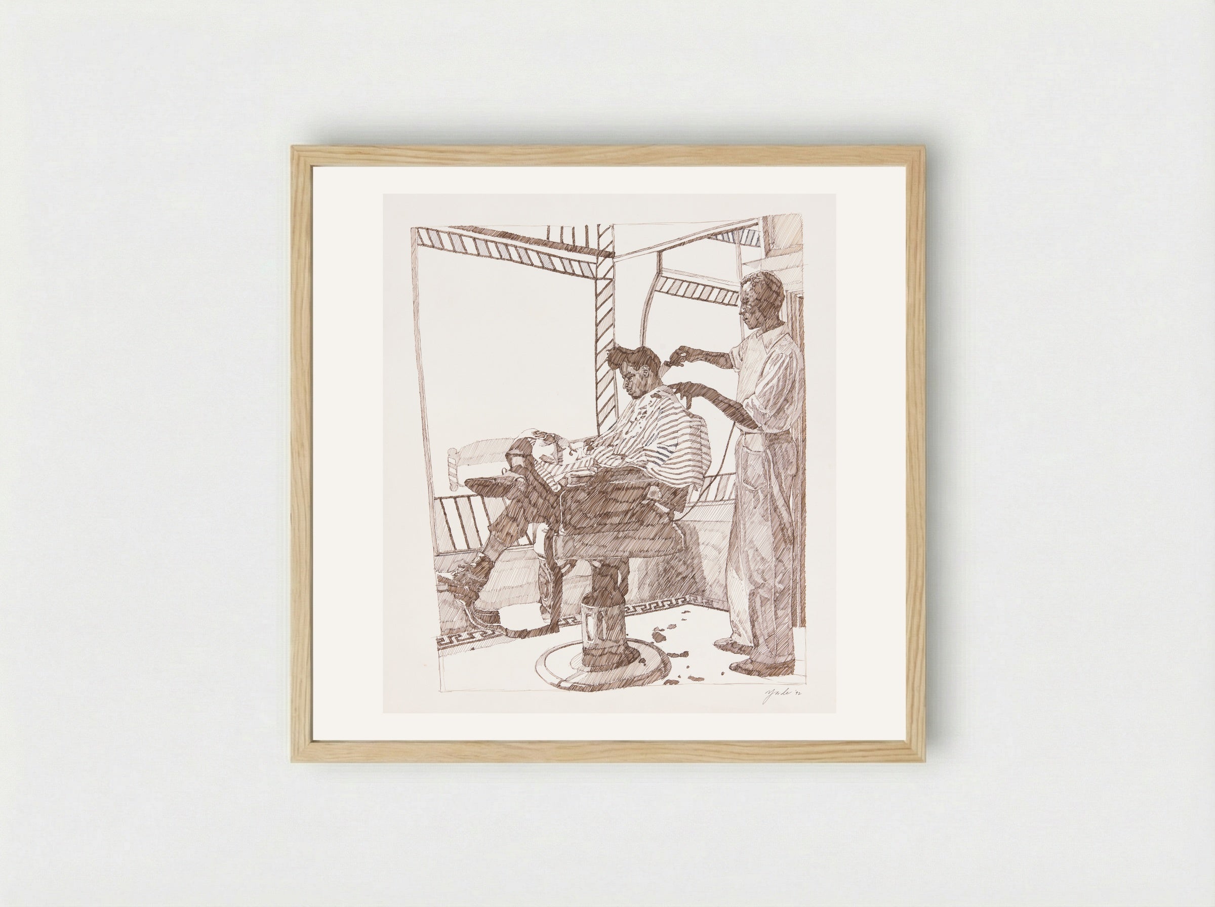 Barber & Customer - Richard Foster Yarde - Framed Print Wood