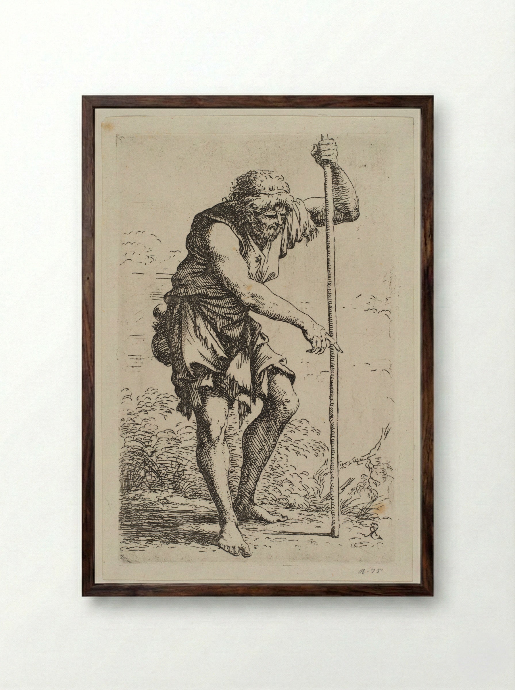 Barefoot Peasant Walking with a Stick - Salvator Rosa - Framed Print Dark Wood