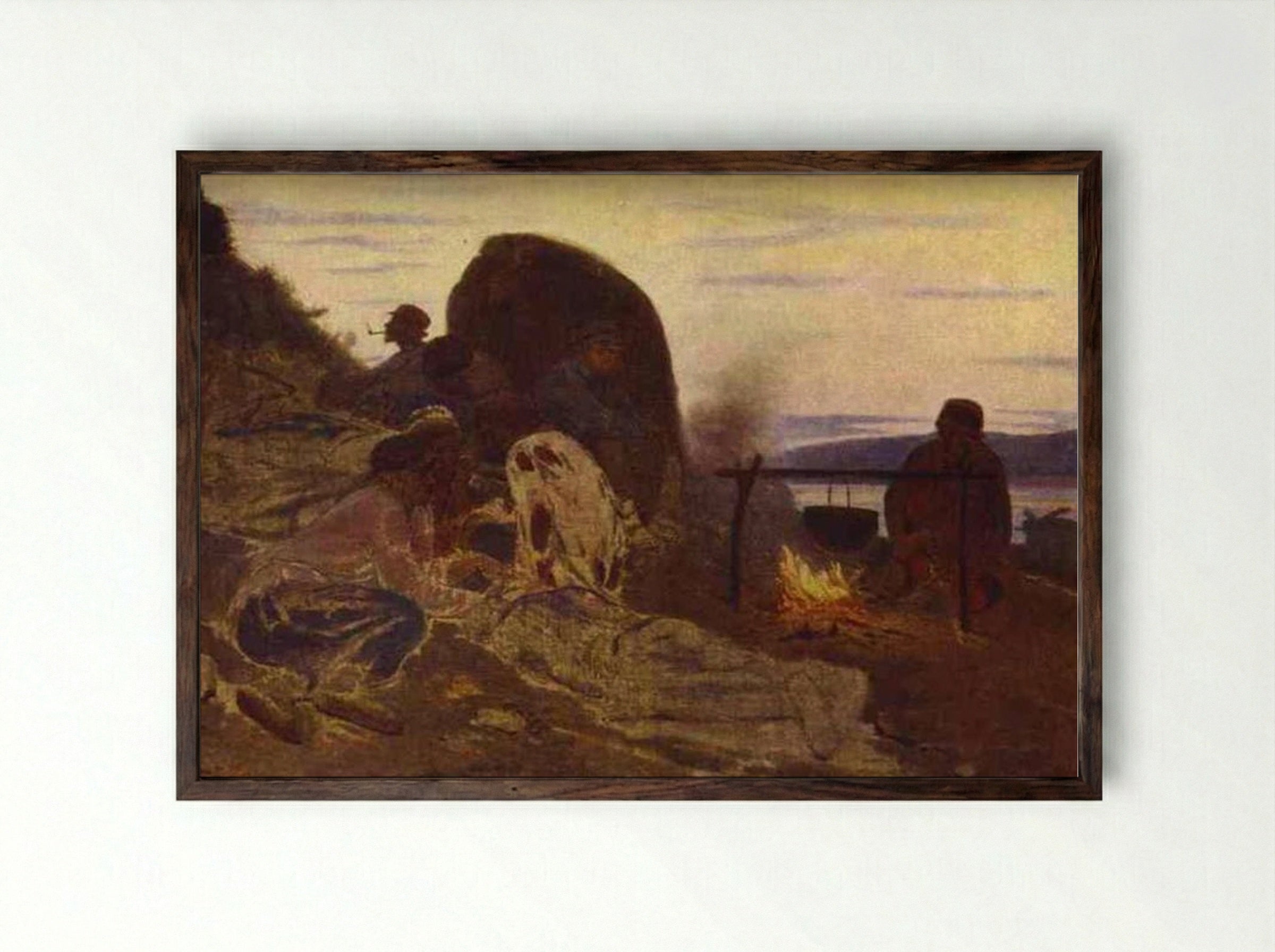 Barge Haulers by Campfire - Ilya Repin - Framed Print Dark Wood