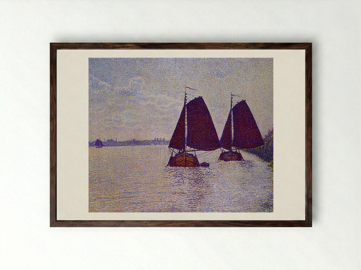 Barges on the River Scheldt - Théo van Rysselberghe - Framed Print Dark Wood