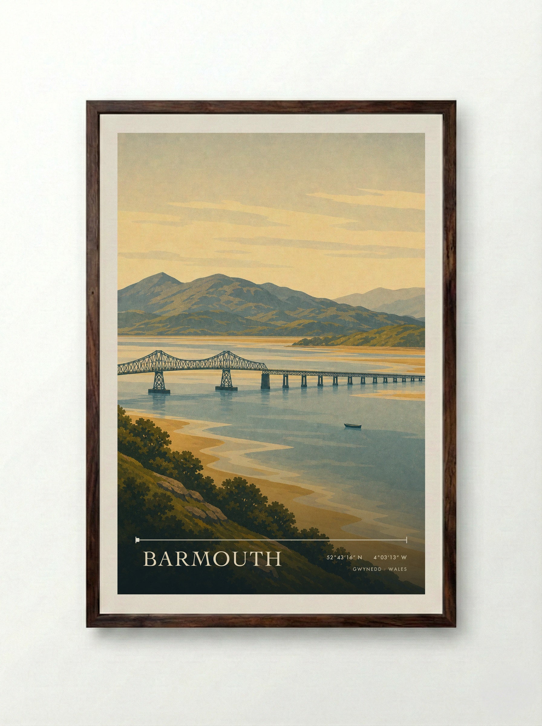 Barmouth Travel Poster Artwork - Framed Print Dark Wood