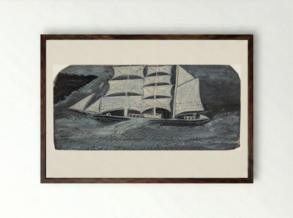 Barque with a Man at the Wheel on a Stormy Sea - Alfred Wallis - Framed Print Dark Wood