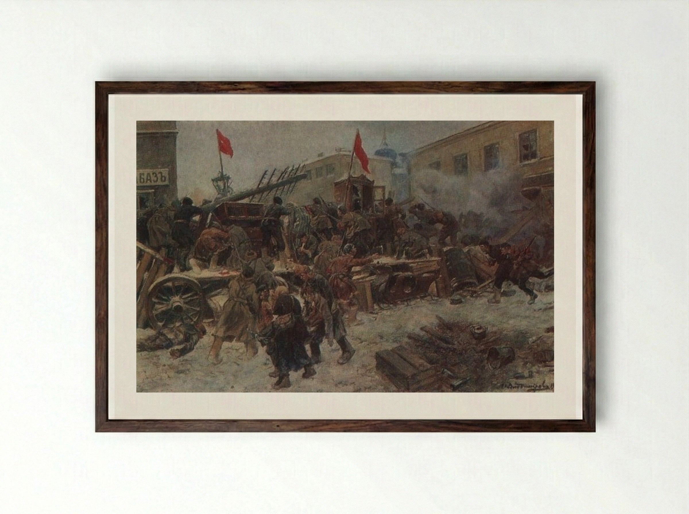 Barricade fighting in Red Presnya - Ivan Vladimirov - Framed Print Dark Wood