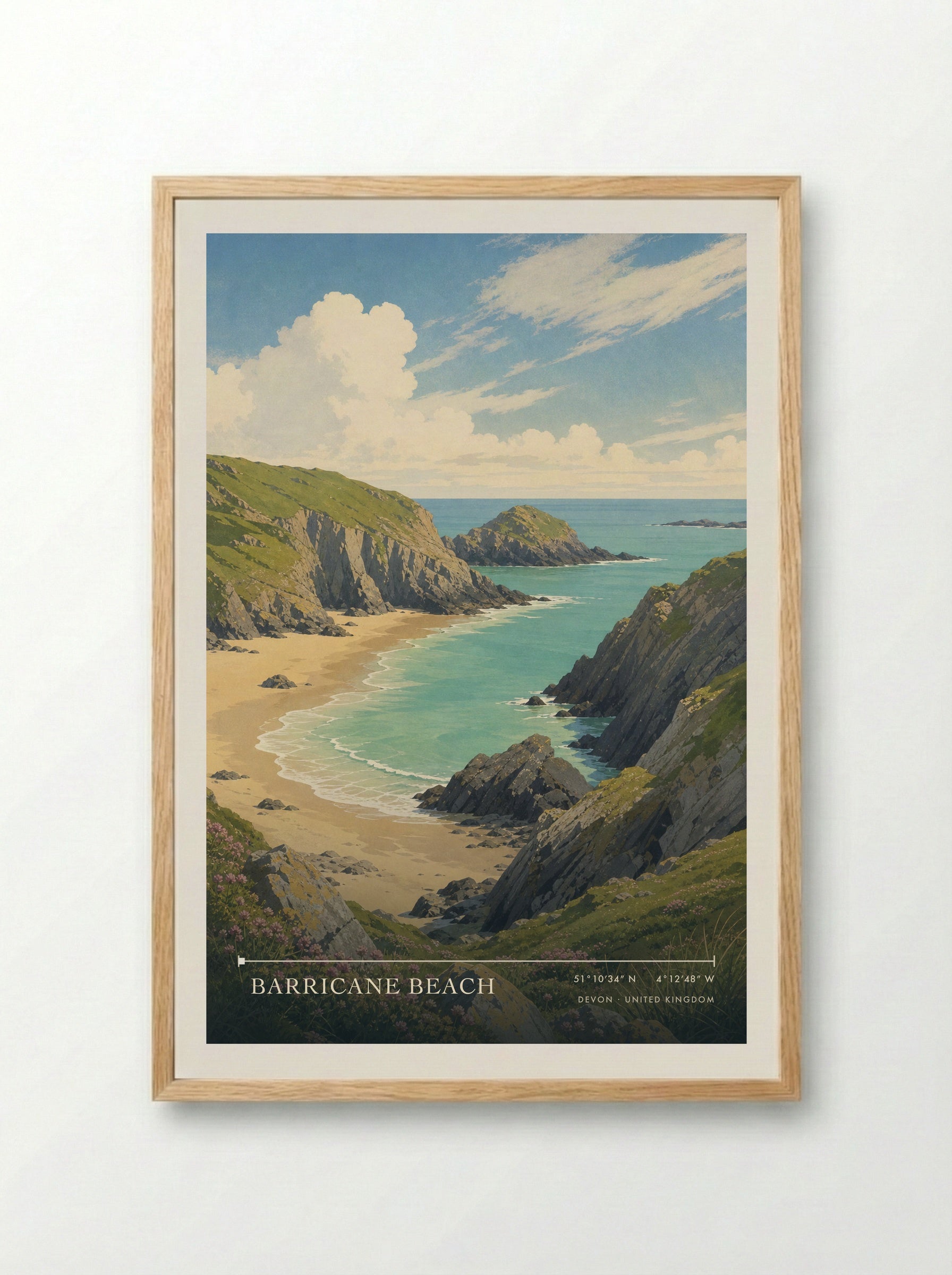 Barricane Beach Devon United Kingdom Travel Poster - Framed Print Wood