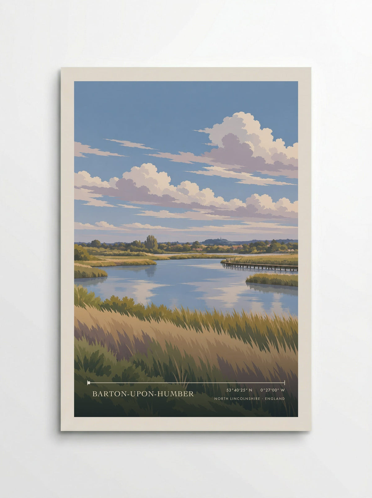 Barton-upon-Humber, North Lincolnshire travel poster: blue wetland pools, golden reeds and a timber boardwalk beneath soft late summer clouds