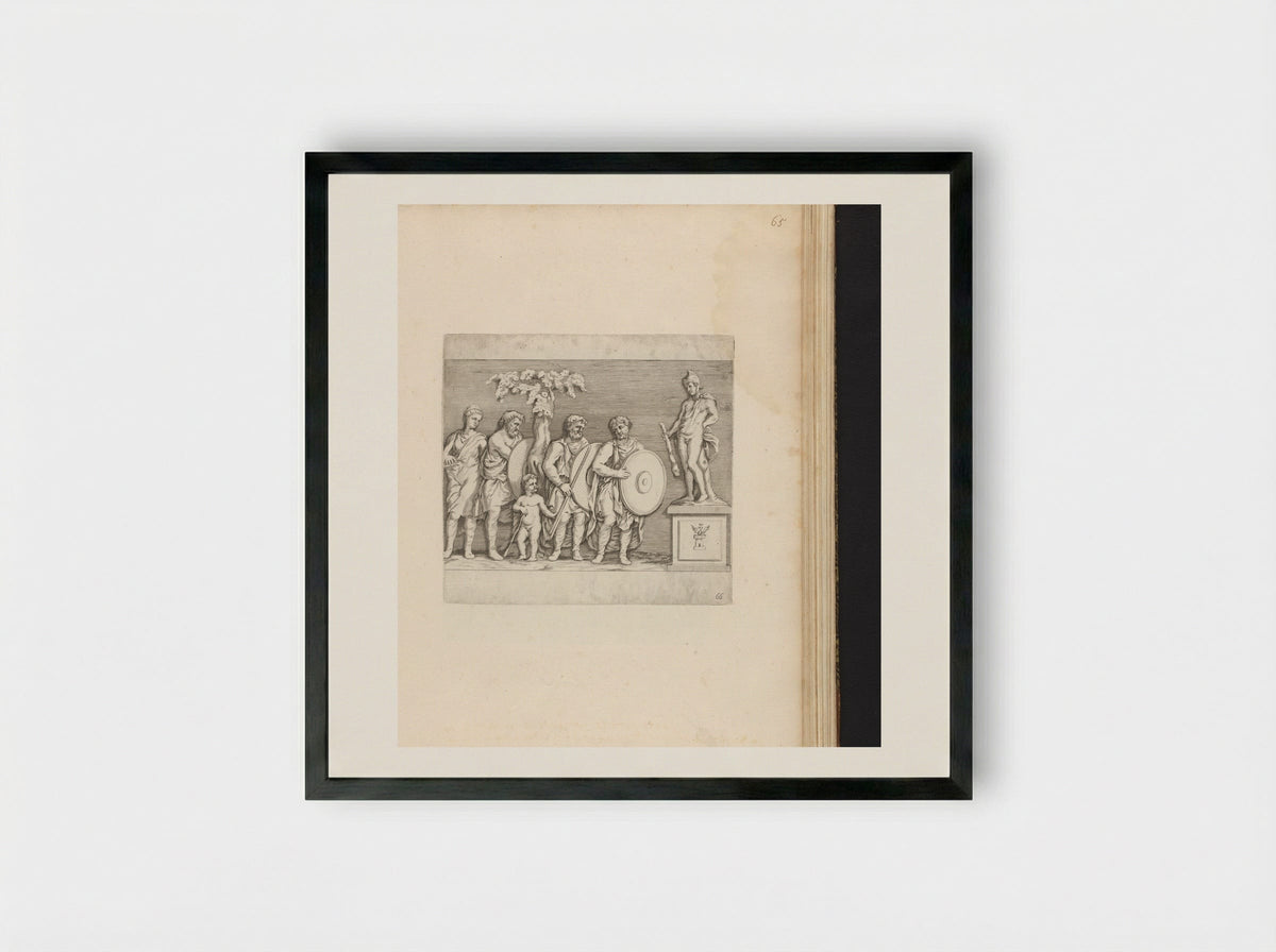 Bas-reliëf met vier soldaten en een paard - Johann Friedrich Greuter - Framed Print Black