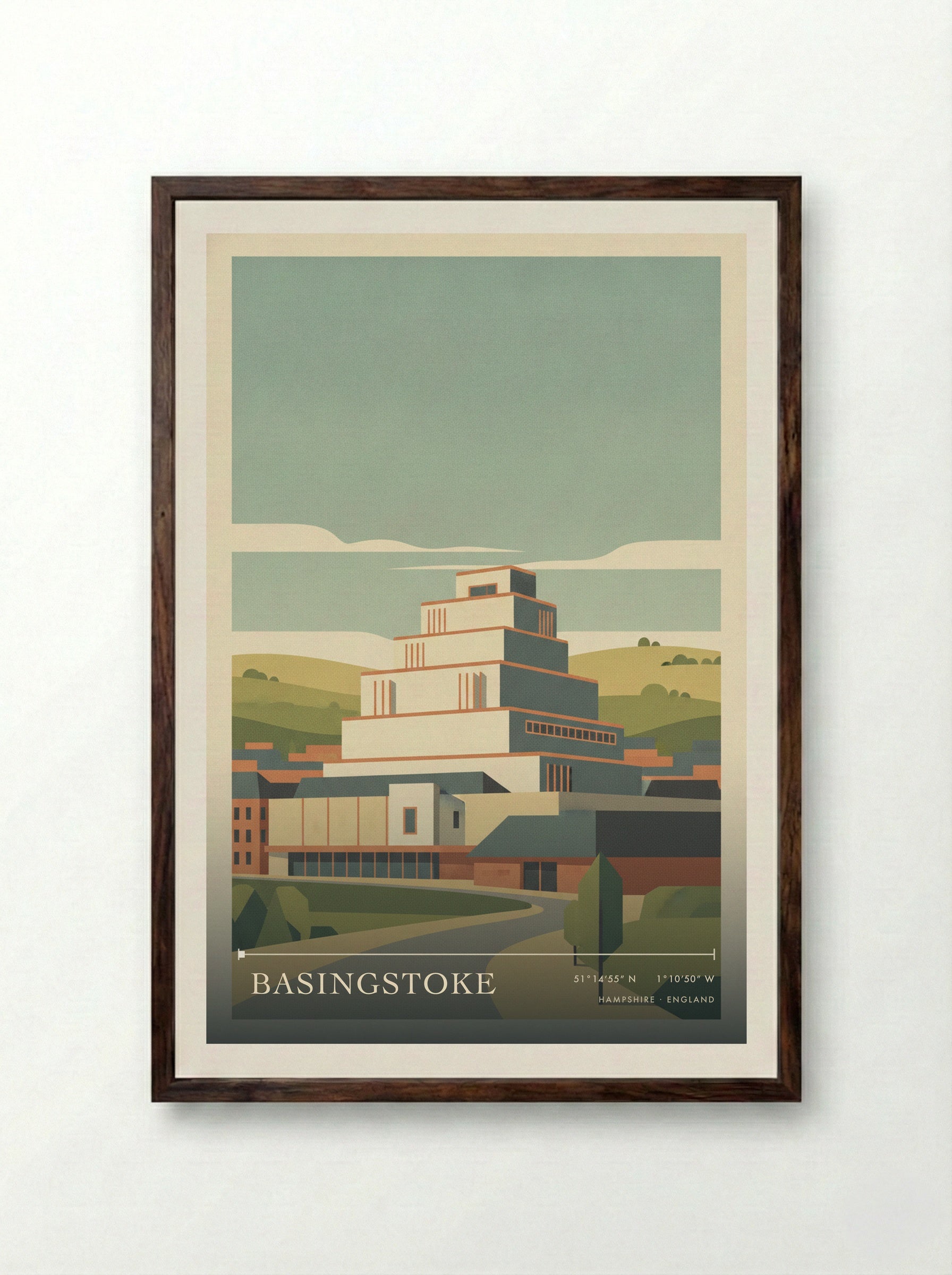 Basingstoke Hampshire England Travel Poster - Framed Print Dark Wood