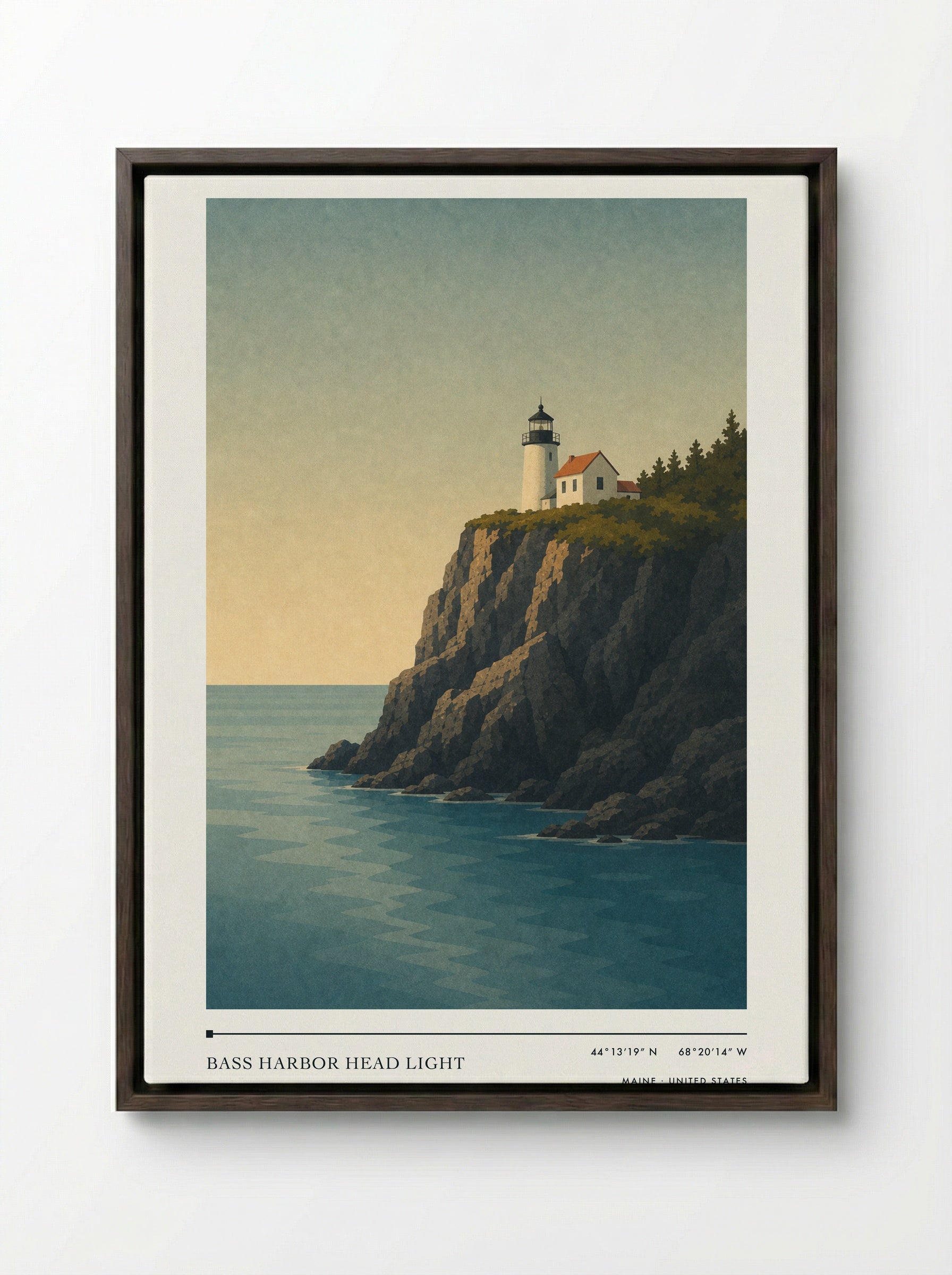 Bass Harbor Head Light Travel Poster Artwork - Framed Canvas Dark Wood