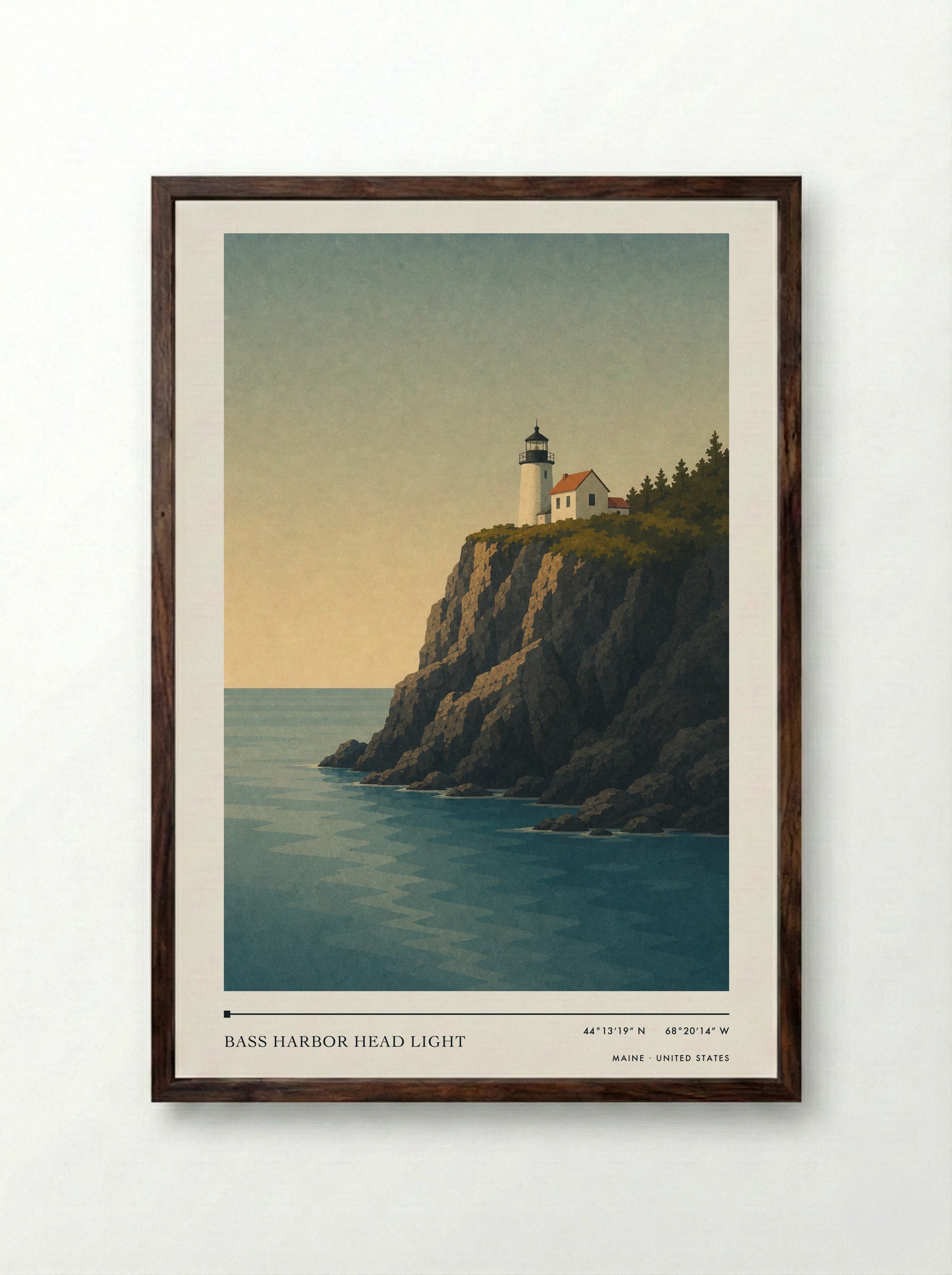 Bass Harbor Head Light Travel Poster Artwork - Framed Print Dark Wood