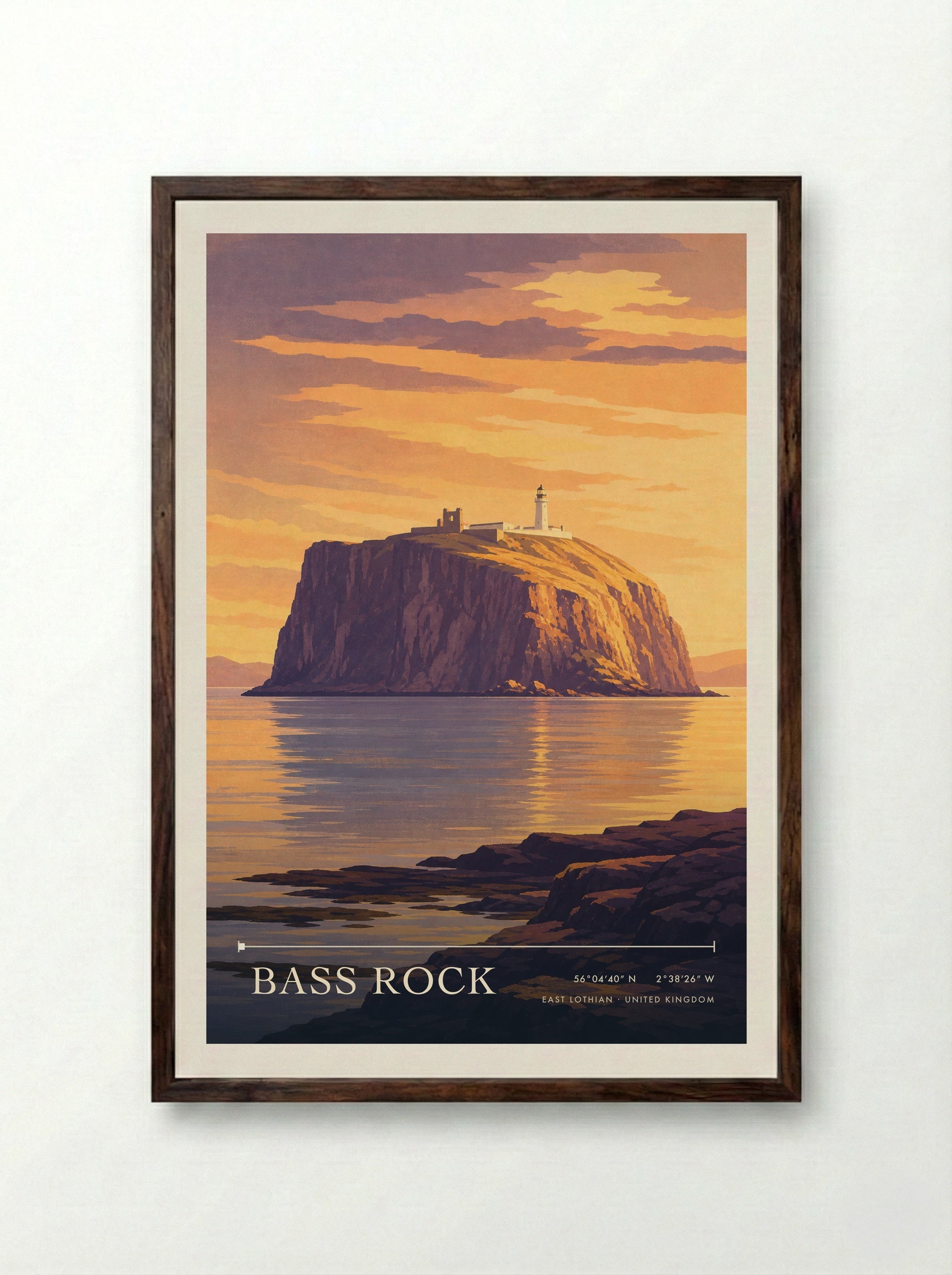Bass Rock East Lothian United Kingdom Travel Poster - Framed Print Dark Wood