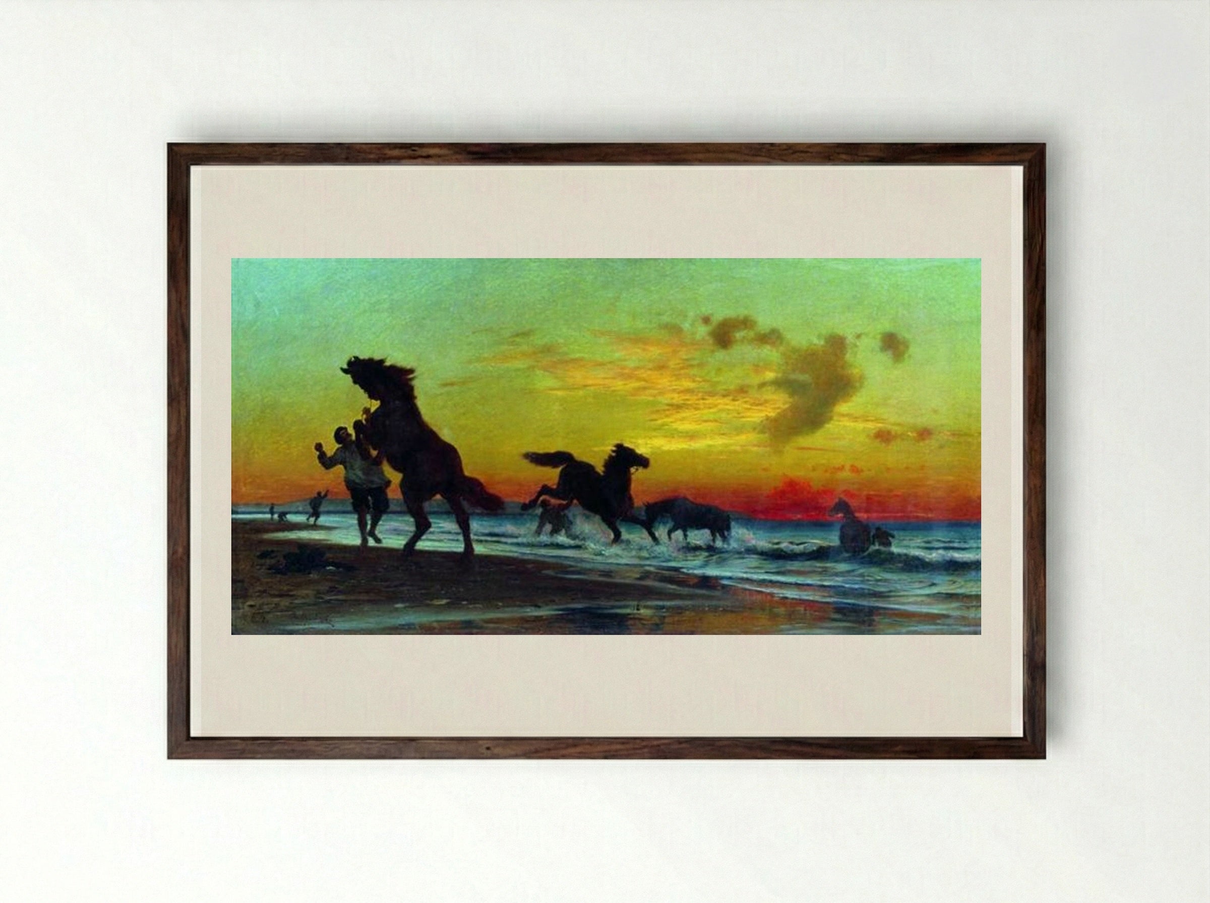 Bathing Horses - Volodymyr Orlovsky - Framed Print Dark Wood