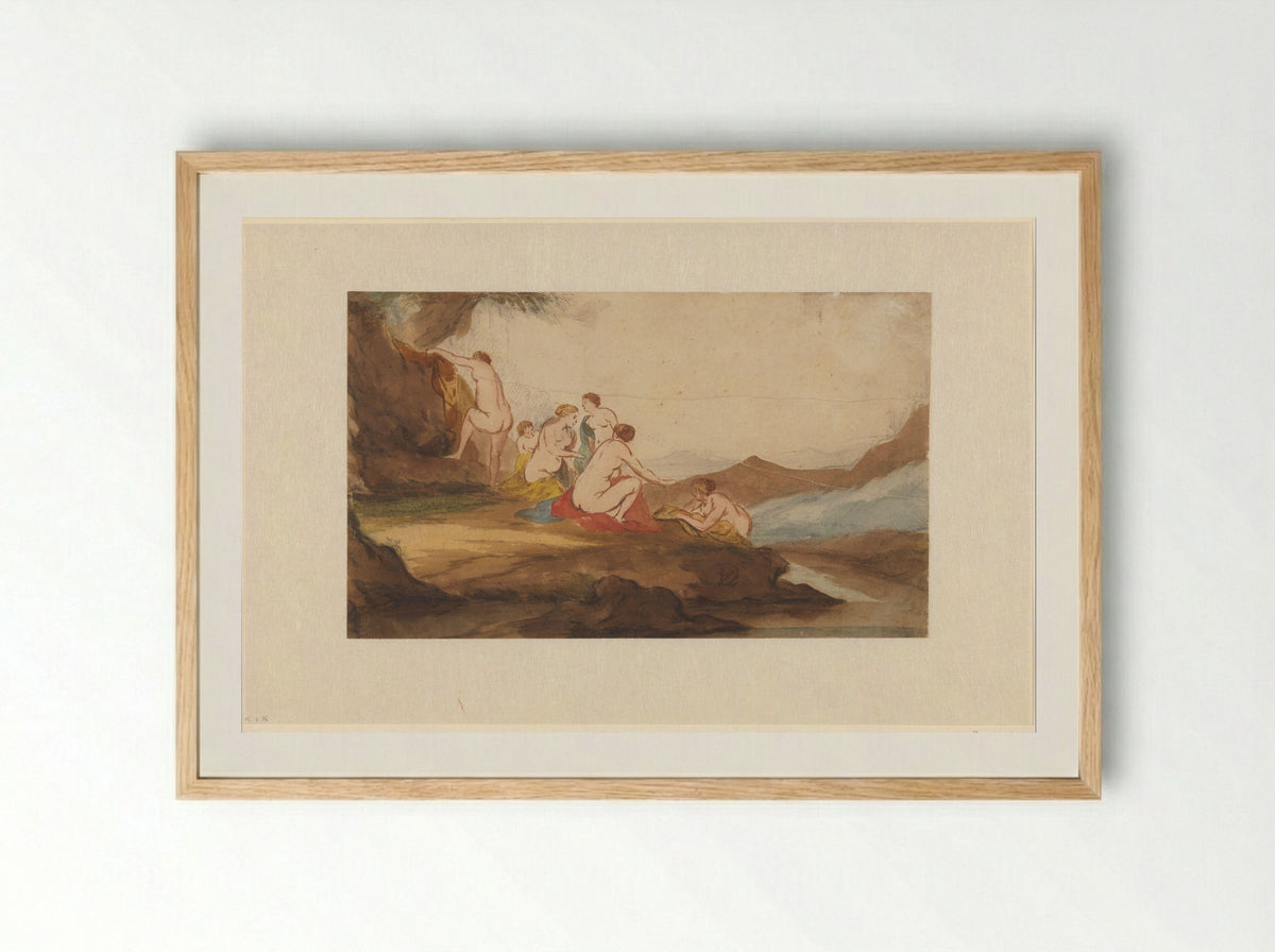Bathing Women in a Landscape - Dirck van der Lisse - Framed Print Wood