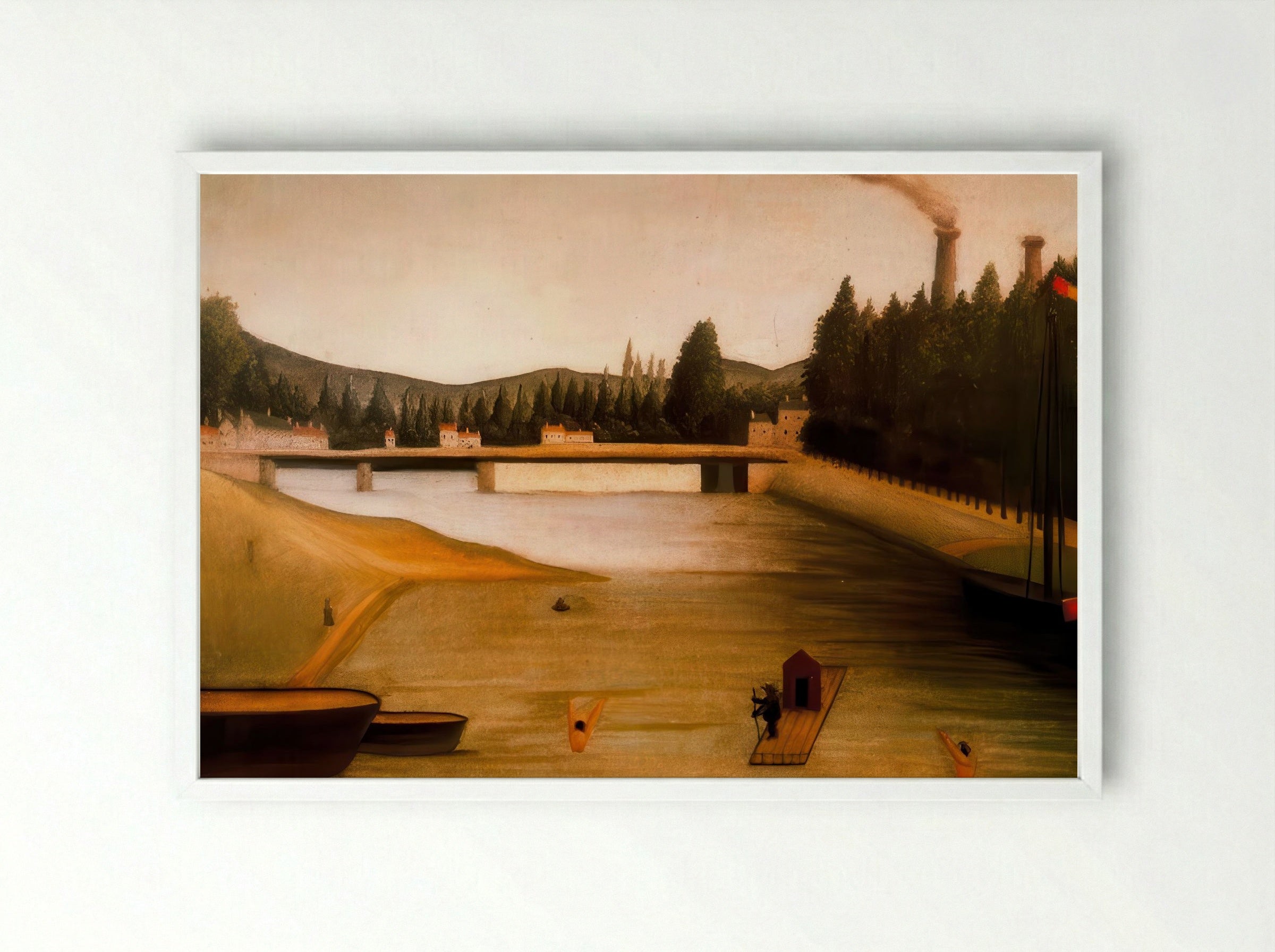 Bathing at Alfortville by Henri Rousseau – Naïve Art Riverside Scene Print - Framed Print White