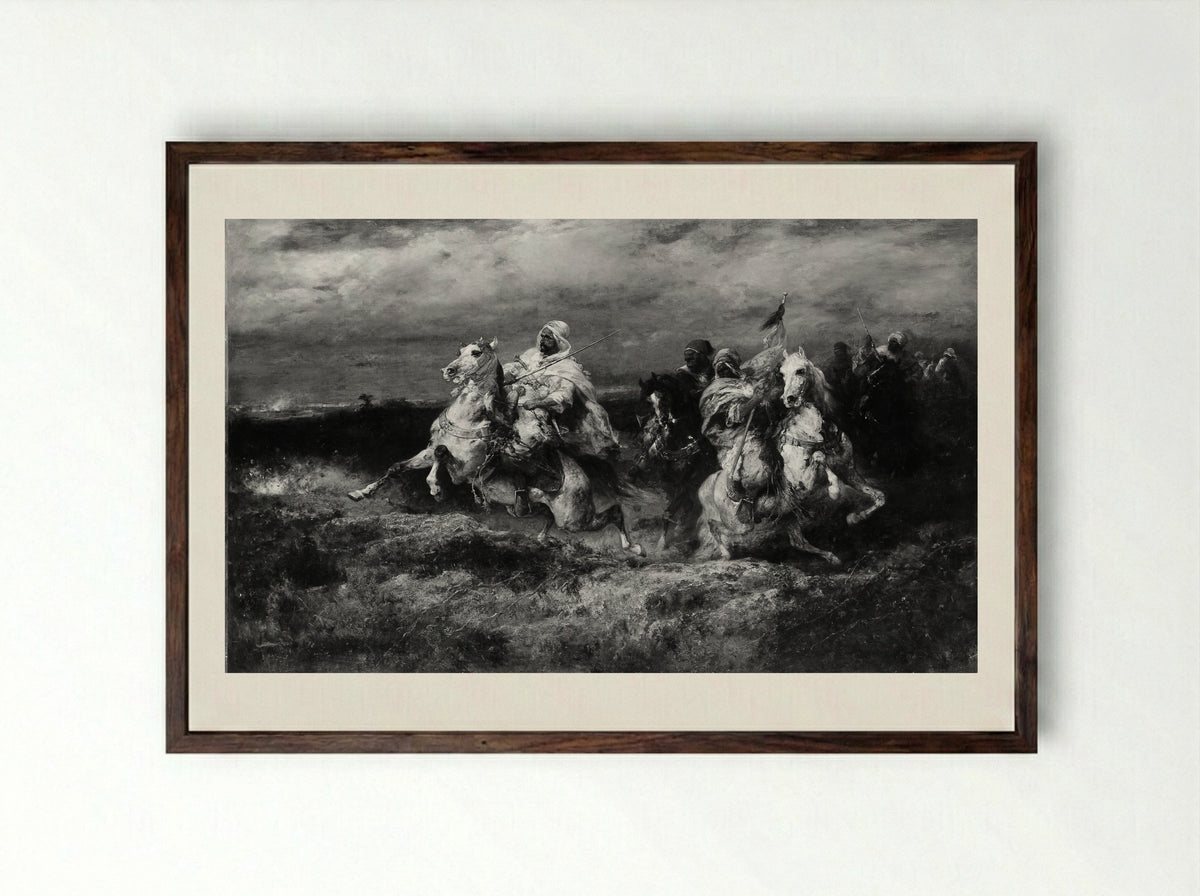 Battle Scene: Arabs Making a Detour - Adolf Schreyer - Framed Print Dark Wood