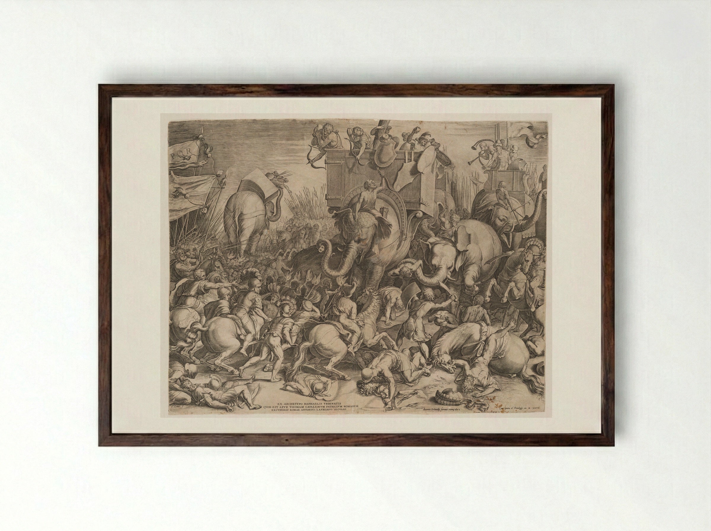 Battle of the Romans against Hannibal - Cornelis Cort - Framed Print Dark Wood
