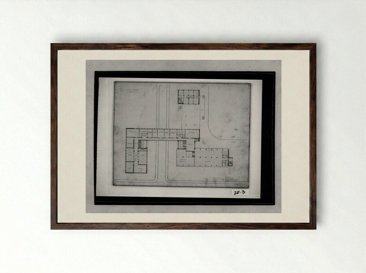 Bauhaus Building, Dessau: First Floor Plan - Walter Gropius - Framed Print Dark Wood
