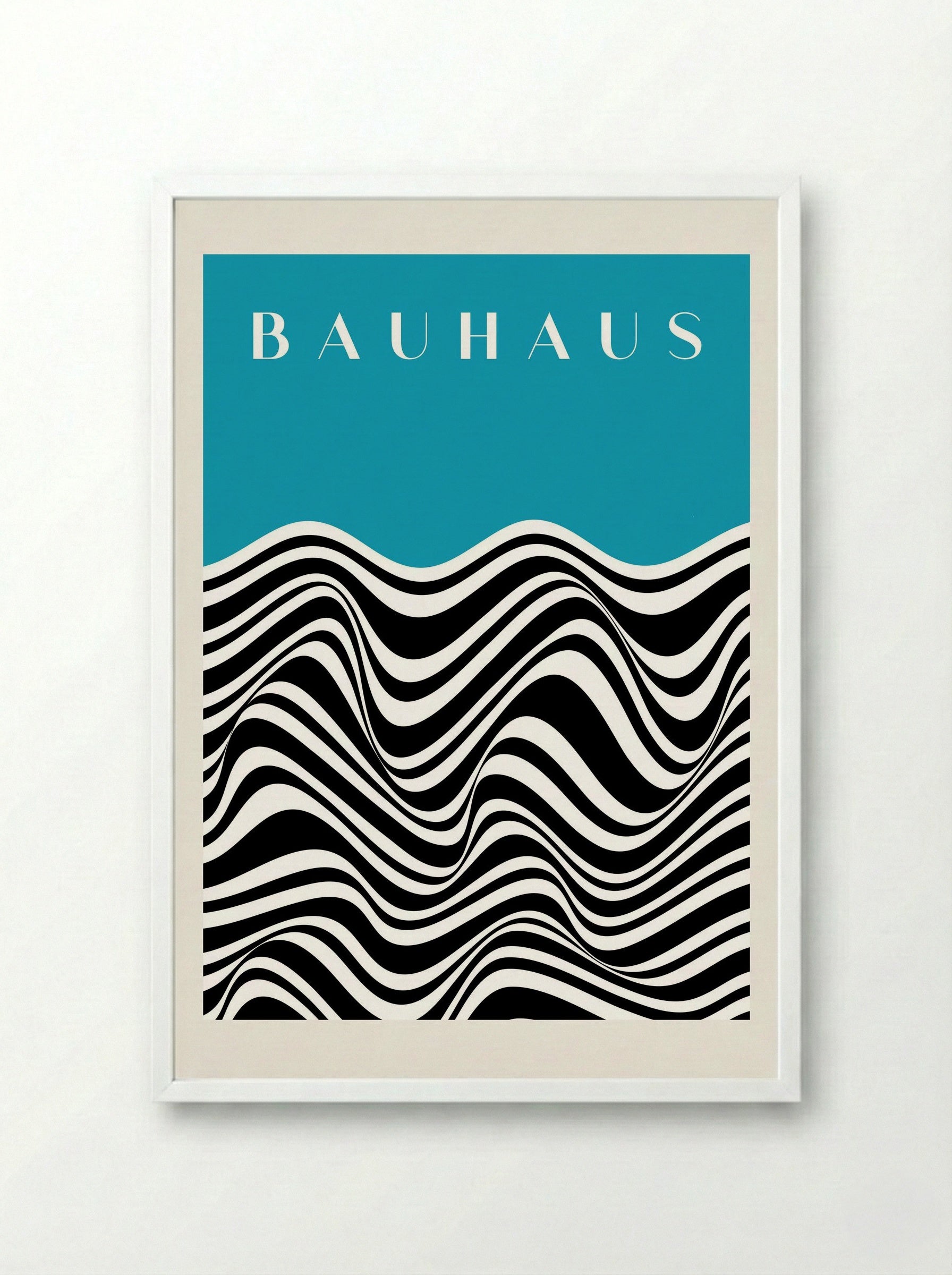 Bauhaus Waves on Cyan - Framed Print White