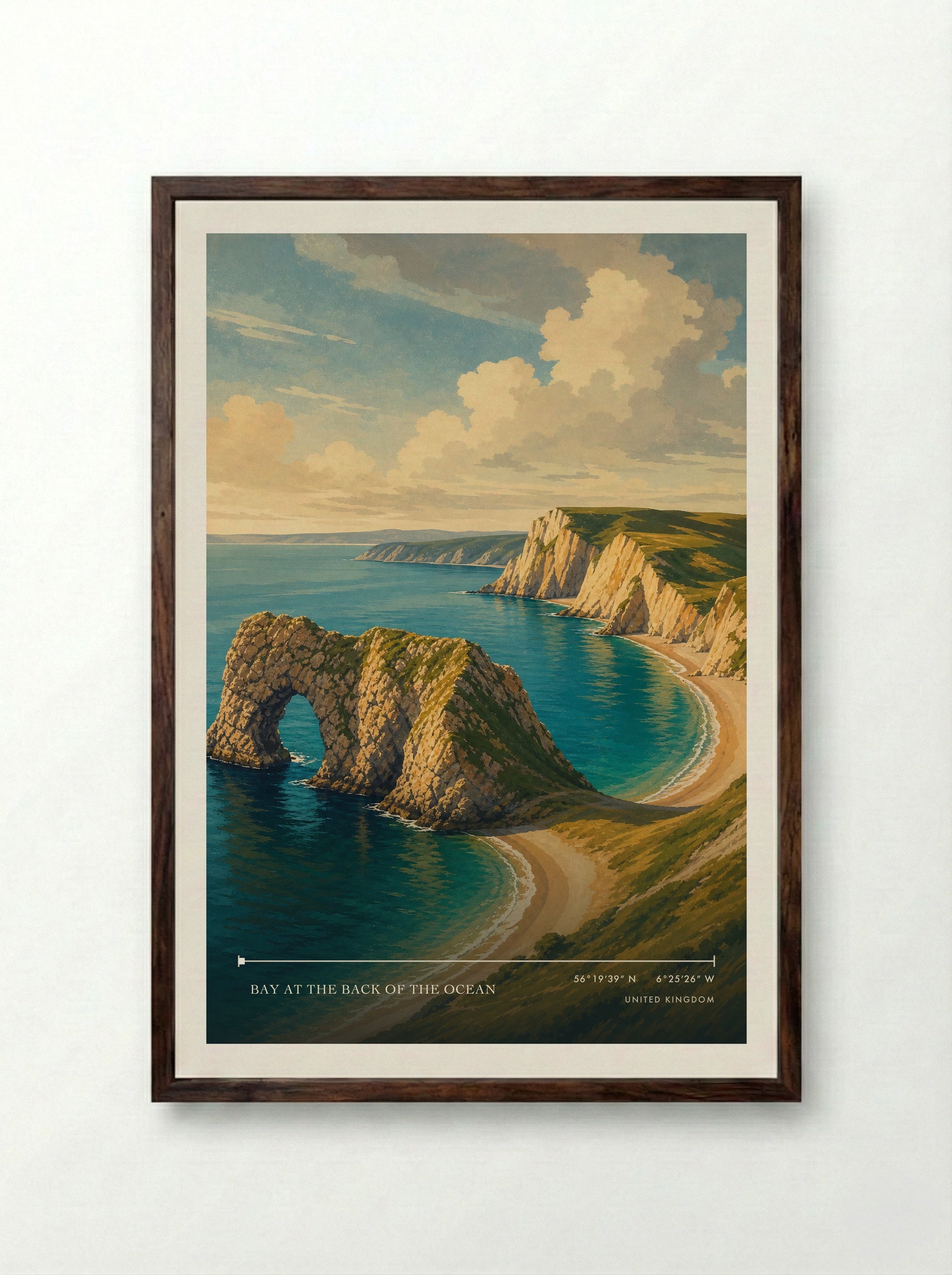 Bay at the Back of the Ocean United Kingdom Travel Poster - Framed Print Dark Wood
