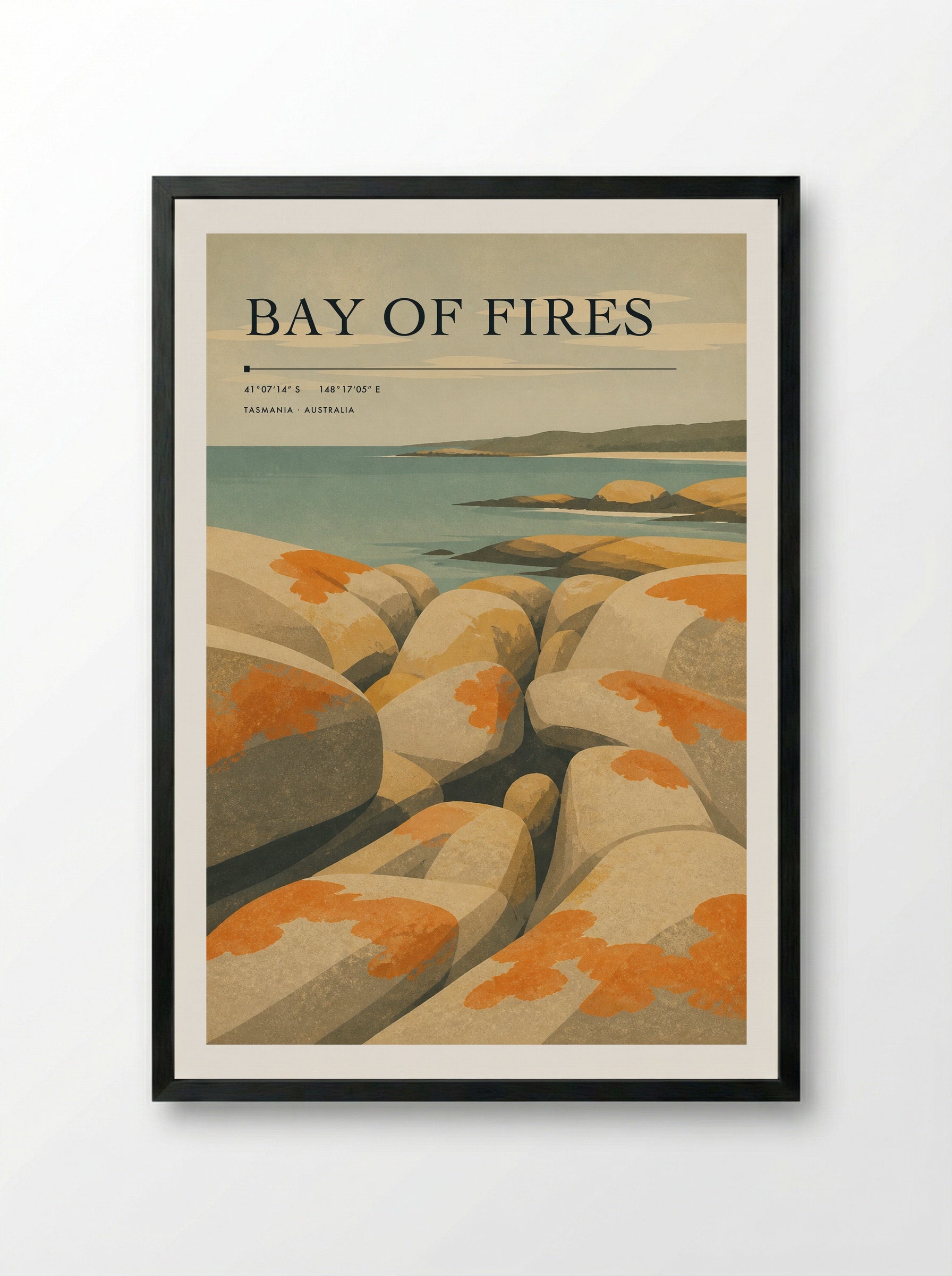 Bay of Fires Travel Poster Artwork - Framed Print Black