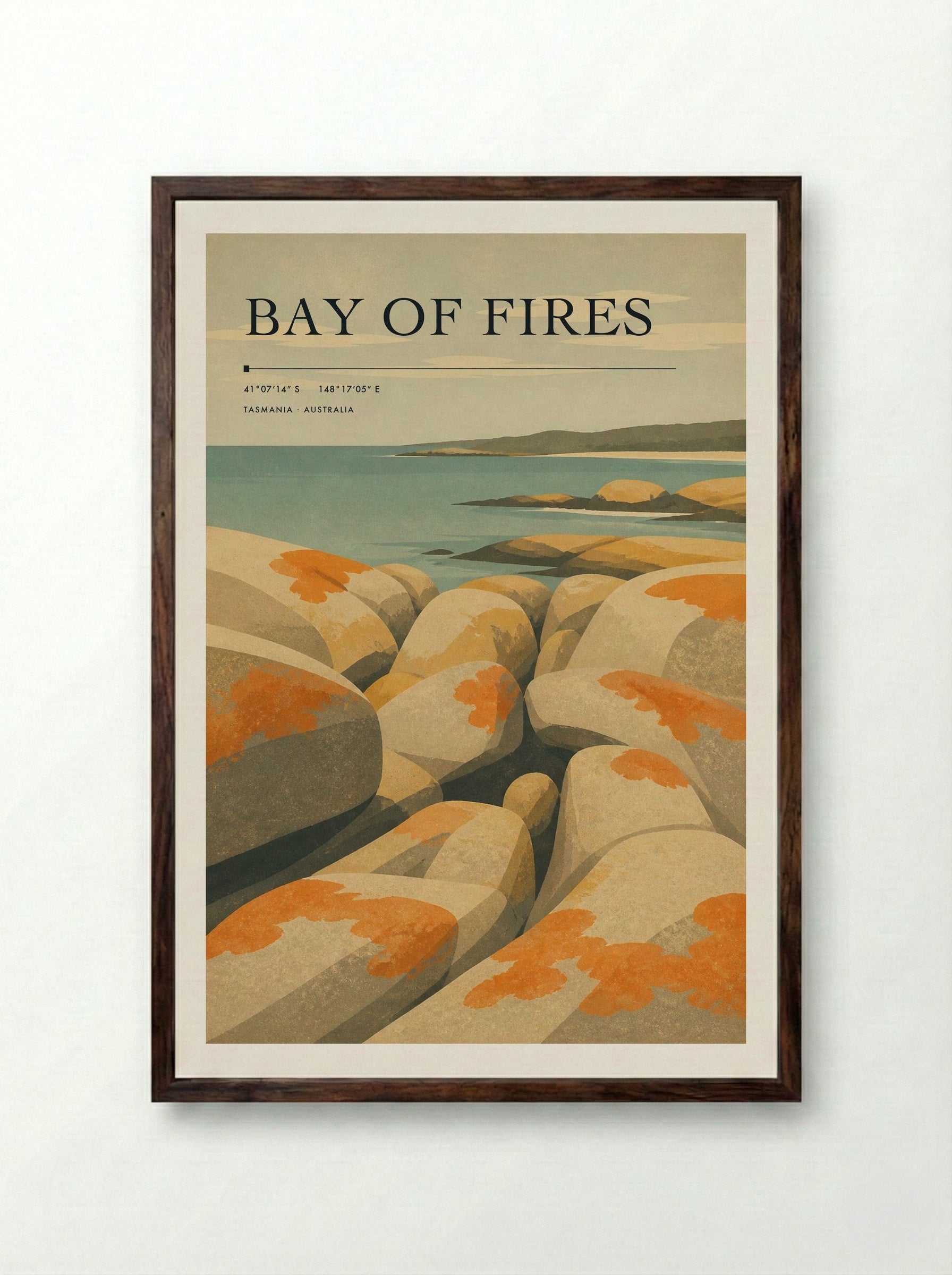 Bay of Fires Travel Poster Artwork - Framed Print Dark Wood
